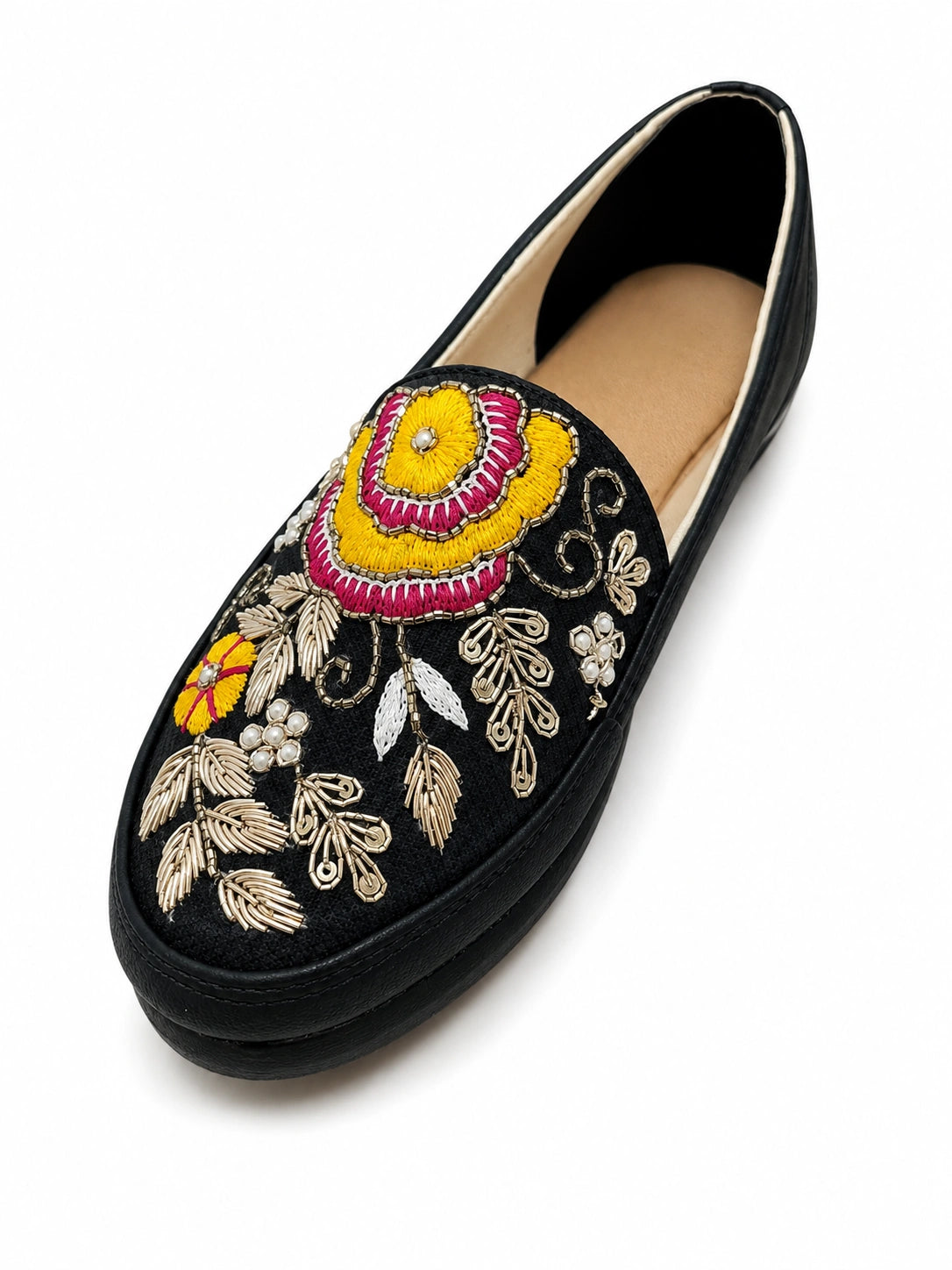 BLACK FLORAL RESHAM & PEARL EMBROIDERED SLIP-ON SHOES FOR WOMEN