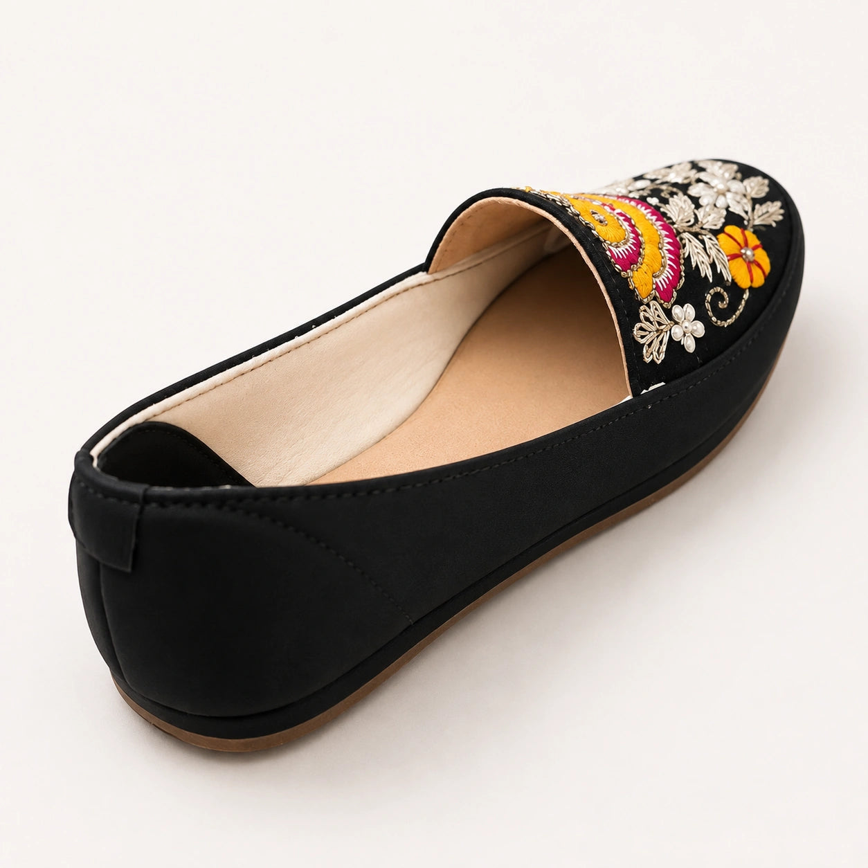 BLACK FLORAL RESHAM & PEARL EMBROIDERED SLIP-ON SHOES FOR WOMEN