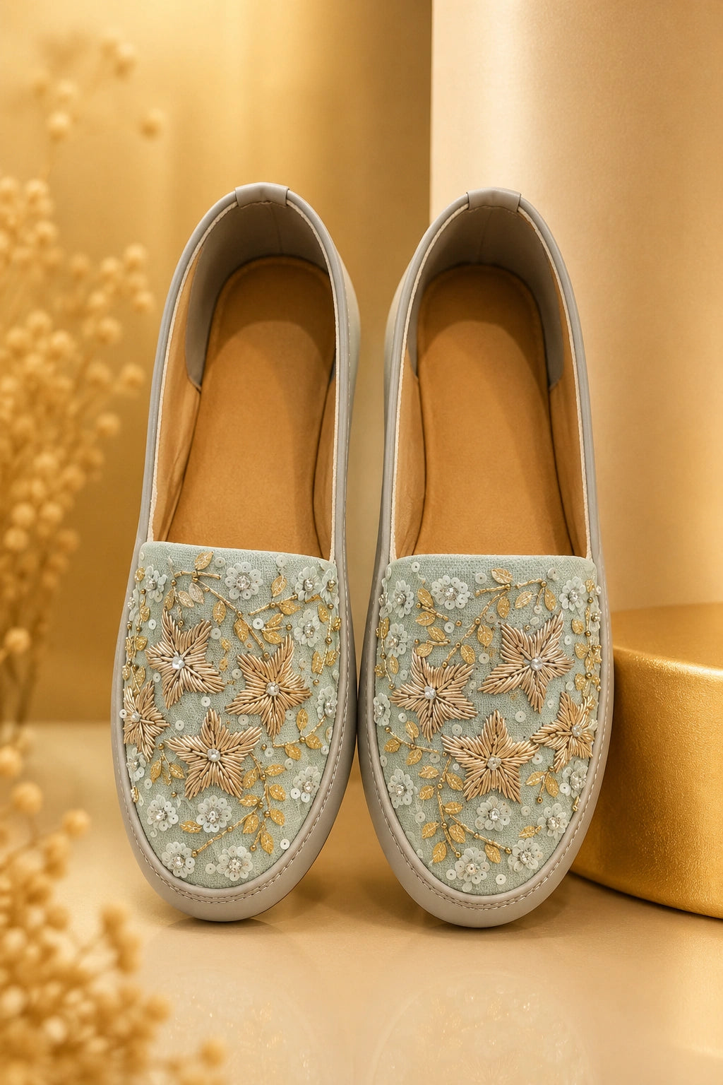 PASTEL BLUE EMBROIDERED SLIP-ON SHOES FOR WOMEN