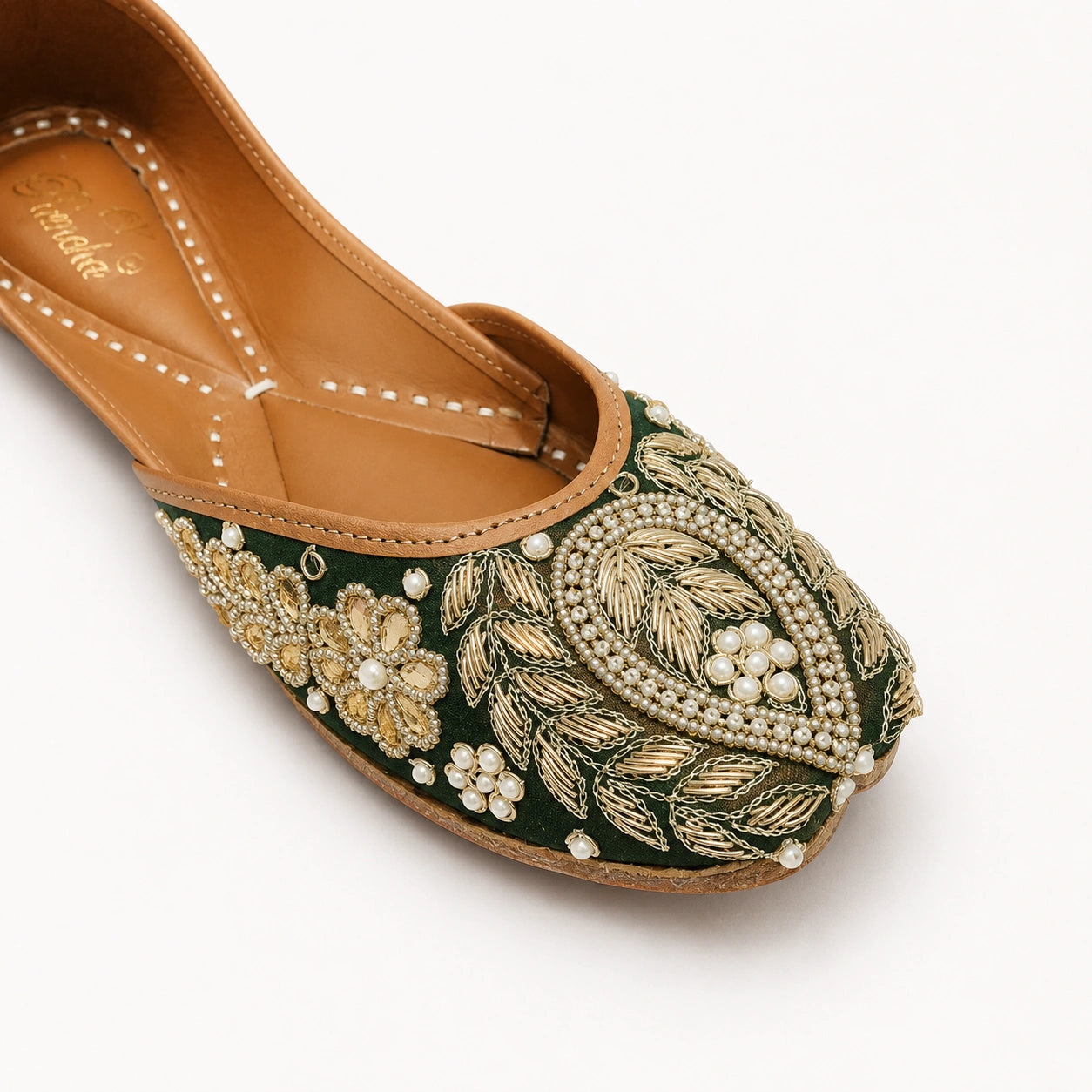 BOTTLE GREEN EMBROIDERED & BEADED JUTTI FOR WOMEN