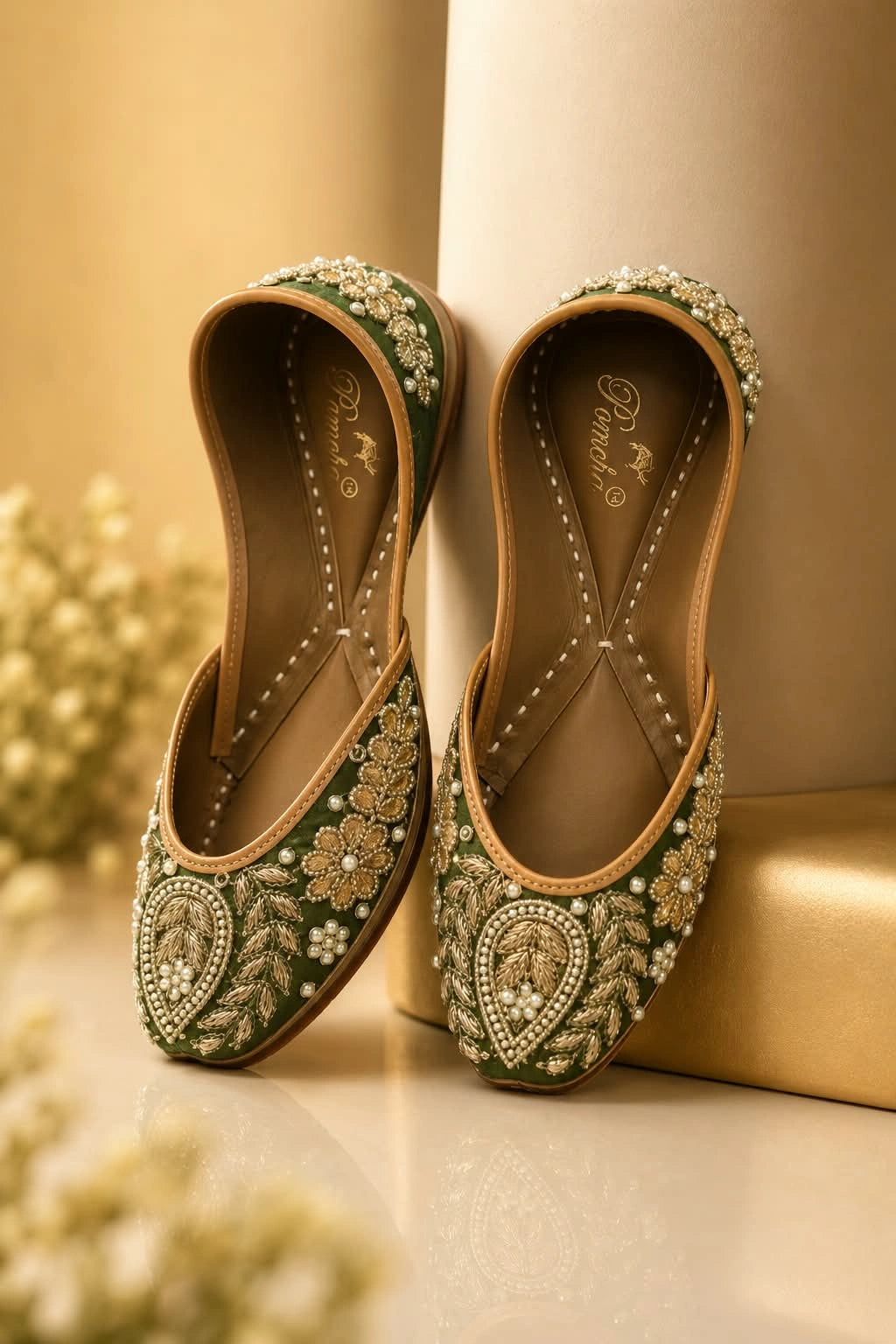 BOTTLE GREEN EMBROIDERED & BEADED JUTTI FOR WOMEN