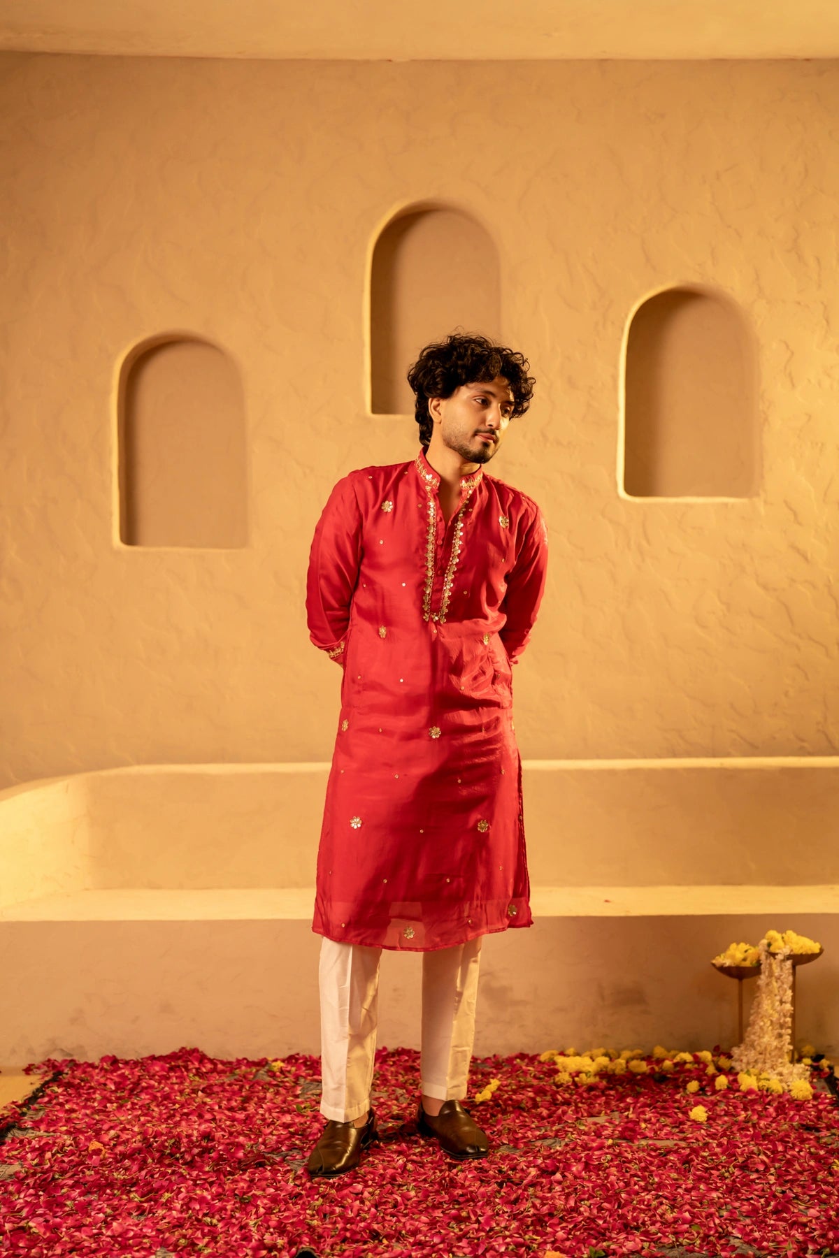 MEN'S LUXE LAAL SILK GOTA TAARI HANDWORK KURTA SET
