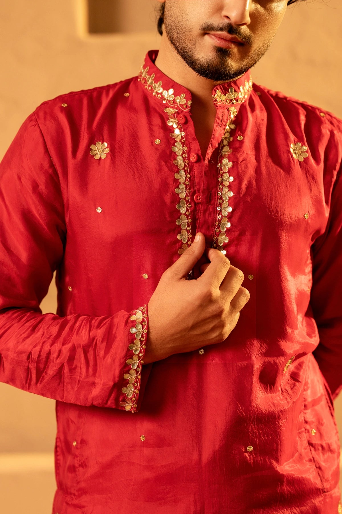 MEN'S LUXE LAAL SILK GOTA TAARI HANDWORK KURTA SET