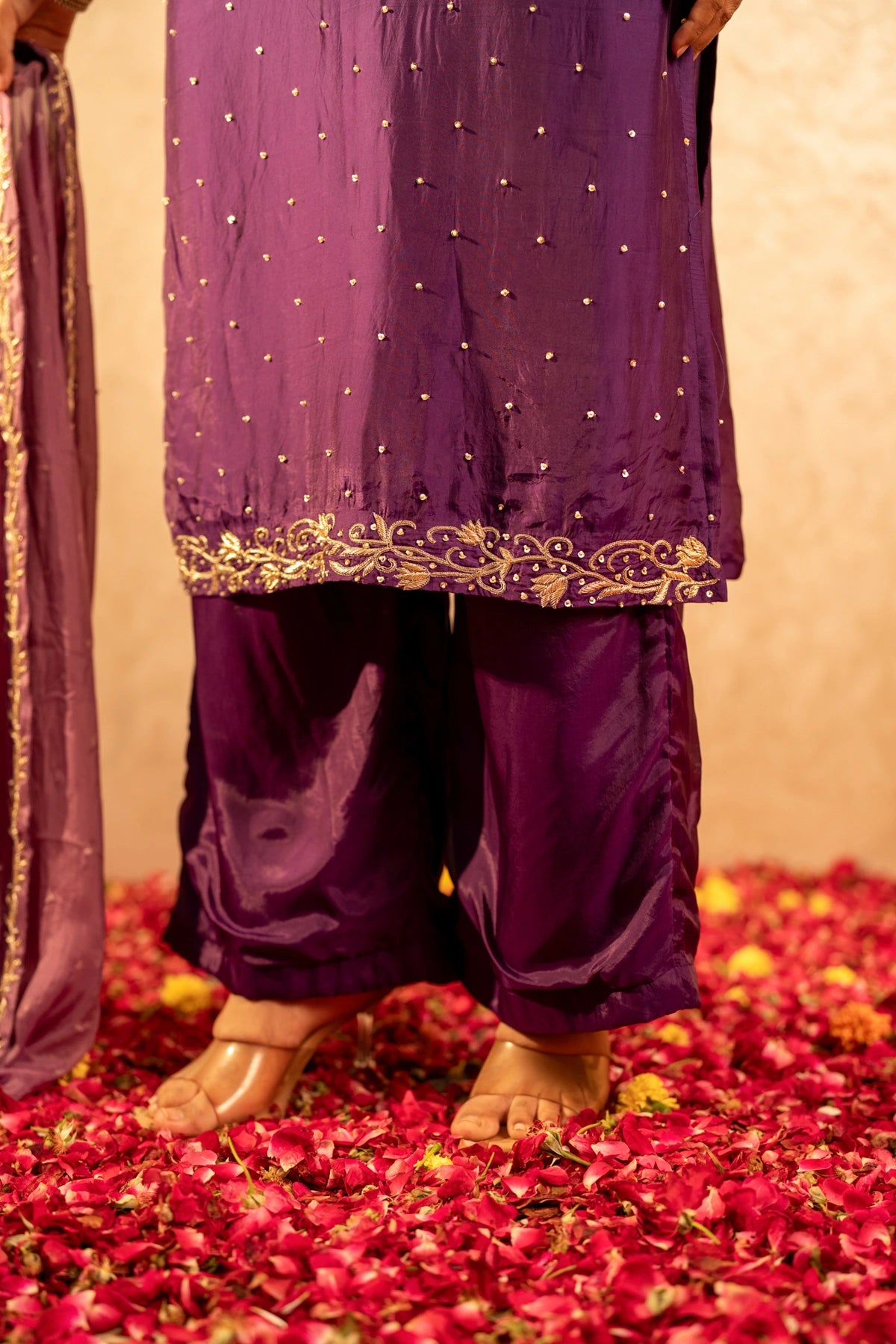 GOTTA BAZAR TWO TONE JAMUNI SILK ZARDOZI HANDWORK STRAIGHT SUIT SET WITH SILK DUPATTA