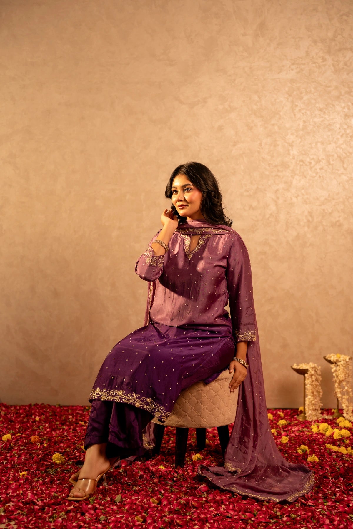 GOTTA BAZAR TWO TONE JAMUNI SILK ZARDOZI HANDWORK STRAIGHT SUIT SET WITH SILK DUPATTA