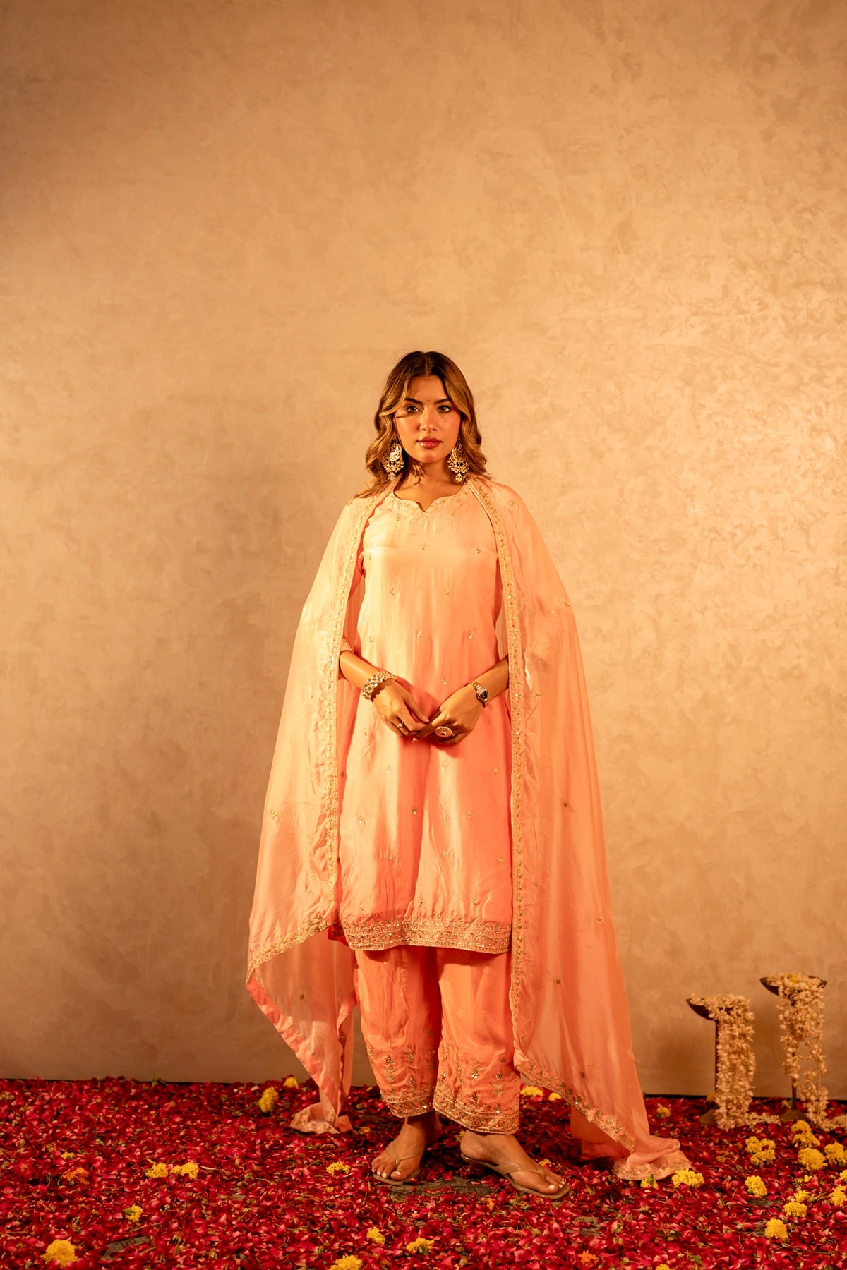 GOTTA BAZAR TWO TONE PEACH SILK ZARDOZI HANDWORK STRAIGHT SUIT WITH SILK DUPATTA