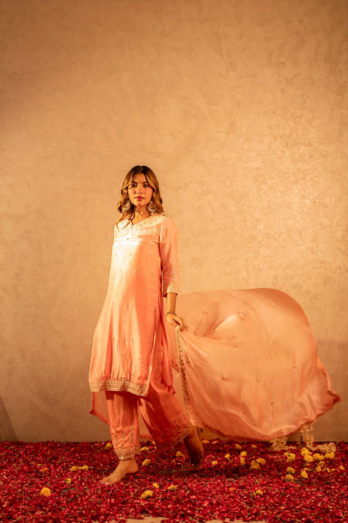 GOTTA BAZAR TWO TONE PEACH SILK ZARDOZI HANDWORK STRAIGHT SUIT WITH SILK DUPATTA