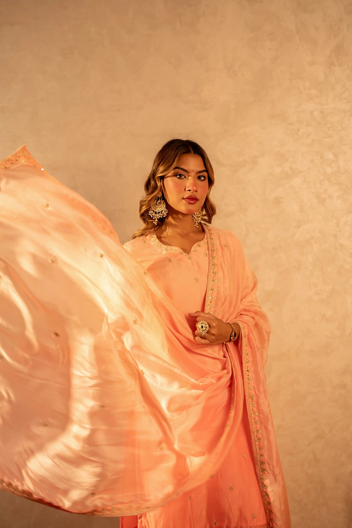 GOTTA BAZAR TWO TONE PEACH SILK ZARDOZI HANDWORK STRAIGHT SUIT WITH SILK DUPATTA