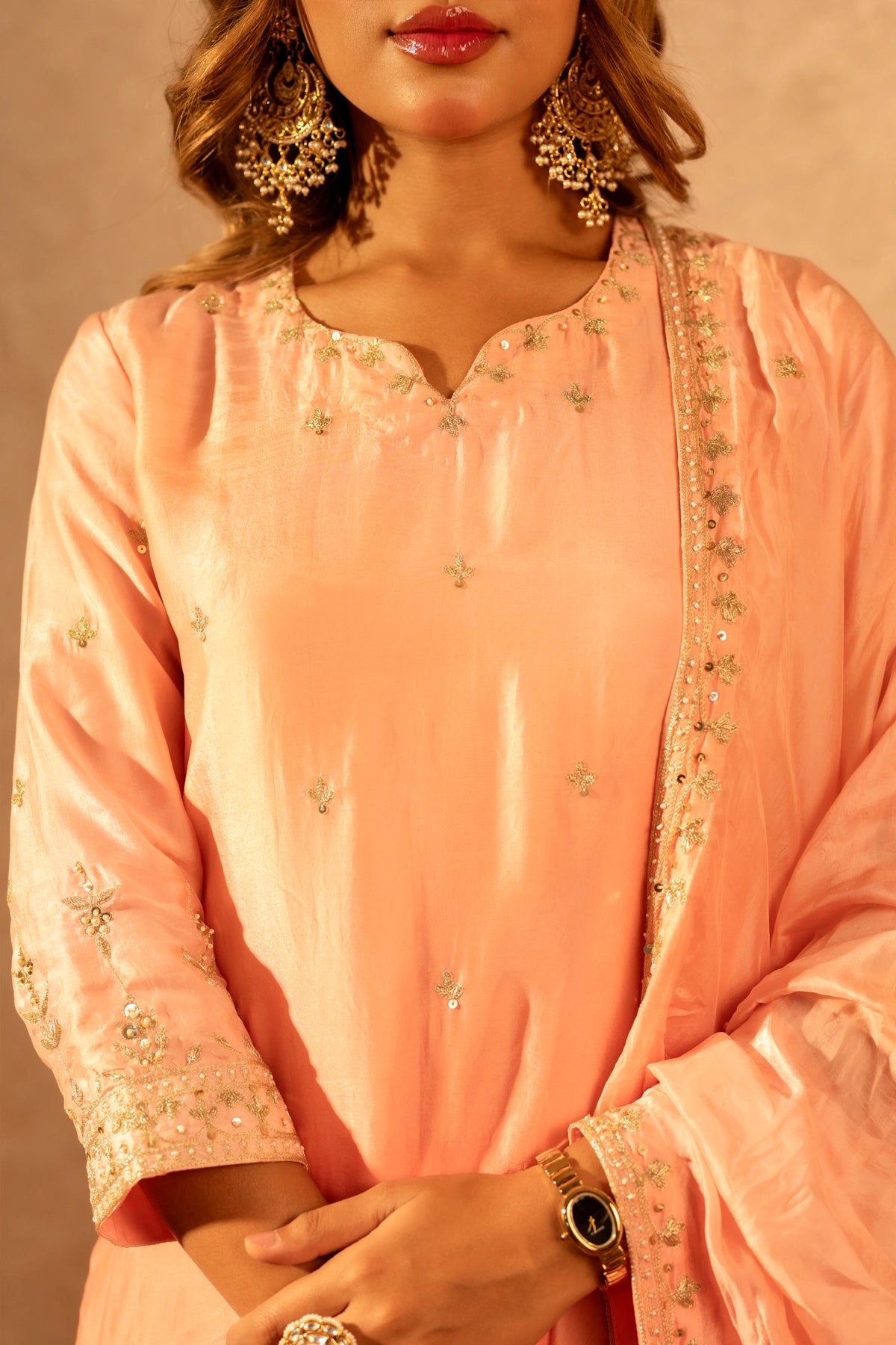 GOTTA BAZAR TWO TONE PEACH SILK ZARDOZI HANDWORK STRAIGHT SUIT WITH SILK DUPATTA
