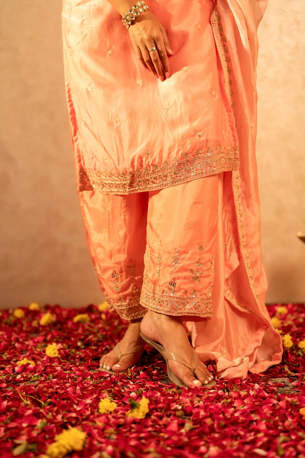 GOTTA BAZAR TWO TONE PEACH SILK ZARDOZI HANDWORK STRAIGHT SUIT WITH SILK DUPATTA