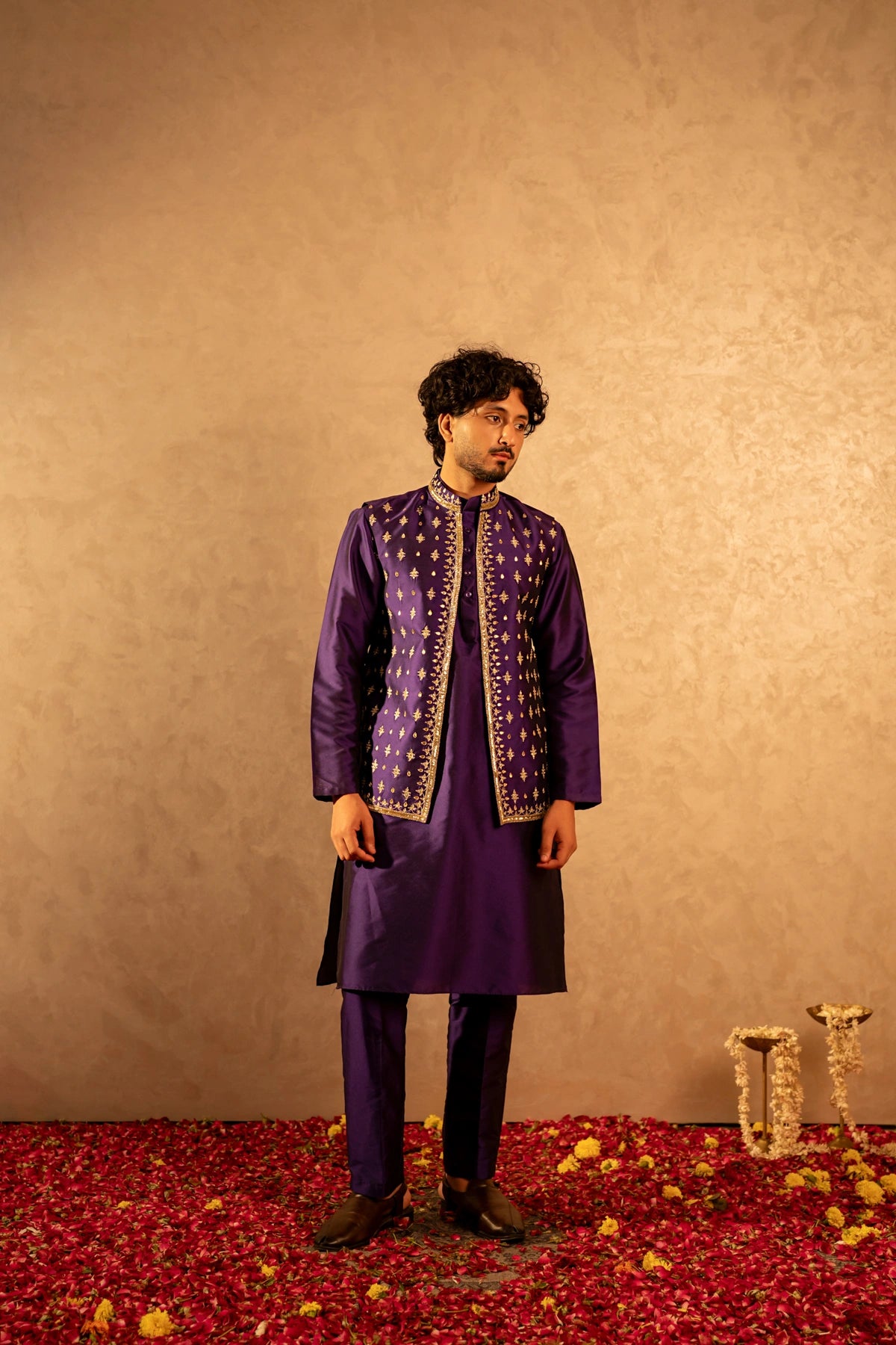 MEN'S LUXE PURPLE TAFFETA SHEESH HAND WORK NEHRU JACKET WITH KURTA SET