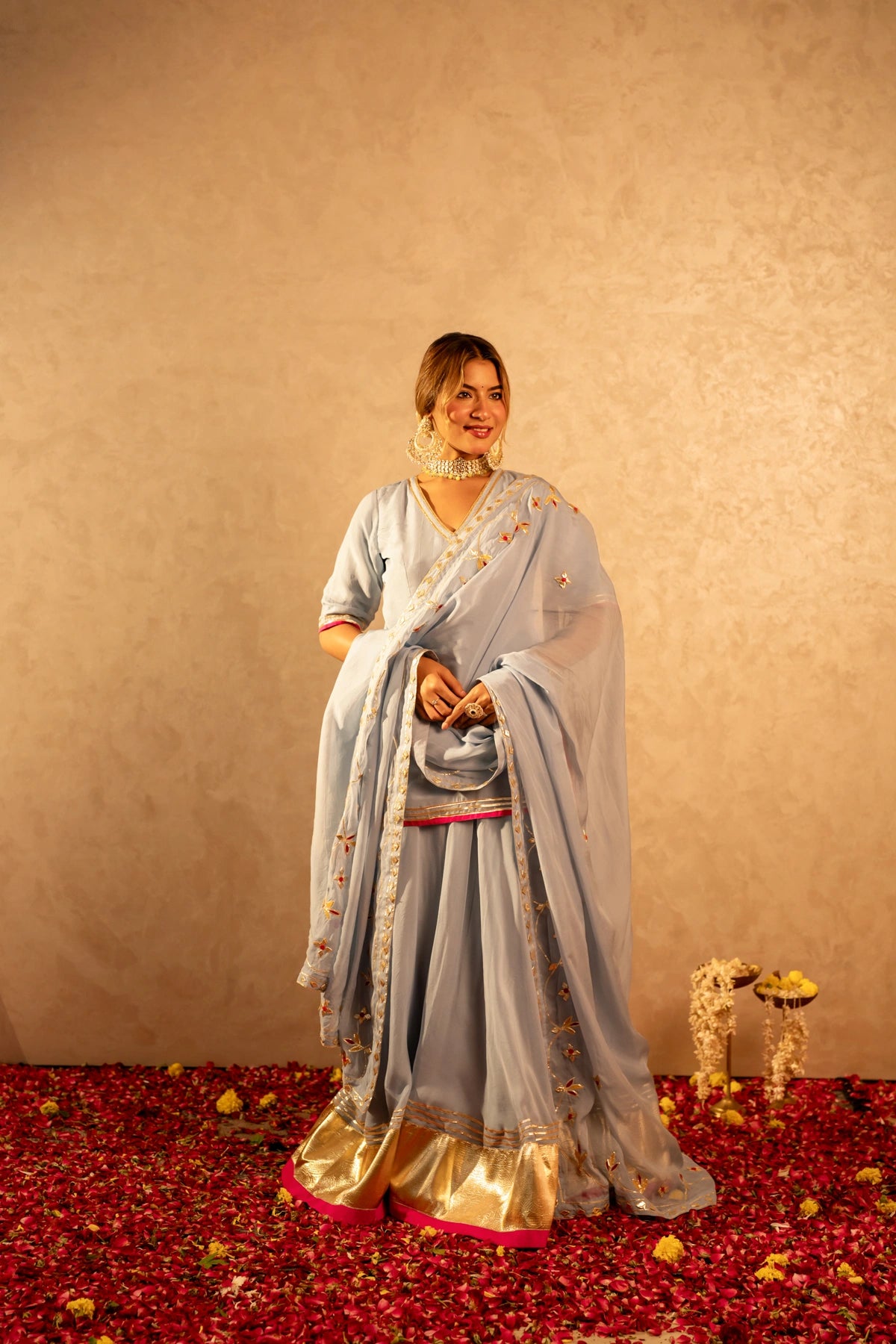 GOTTA BAZAR POWDER BLUE GOTA PATTI KURTA SET WITH KURTA SET WITH JAAL DUPATTA
