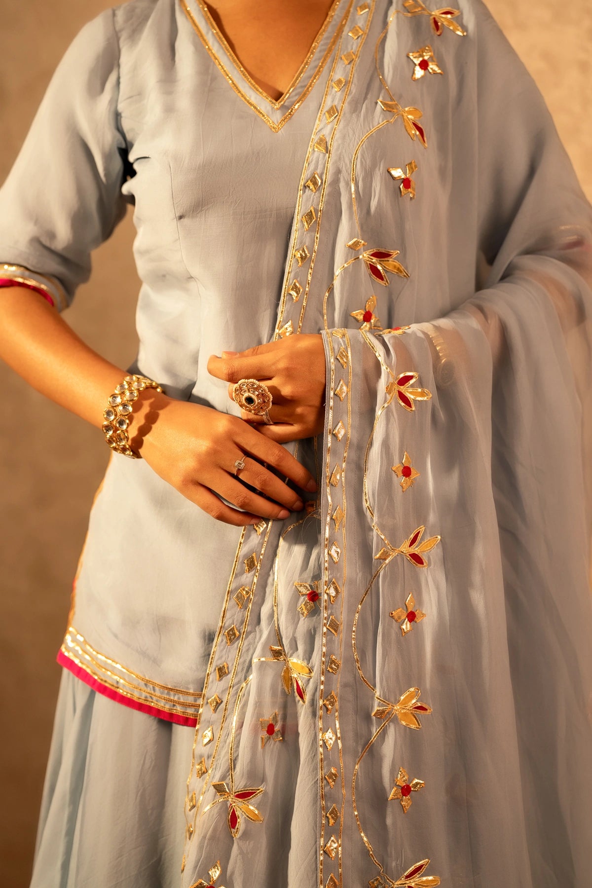 GOTTA BAZAR POWDER BLUE GOTA PATTI KURTA SET WITH KURTA SET WITH JAAL DUPATTA