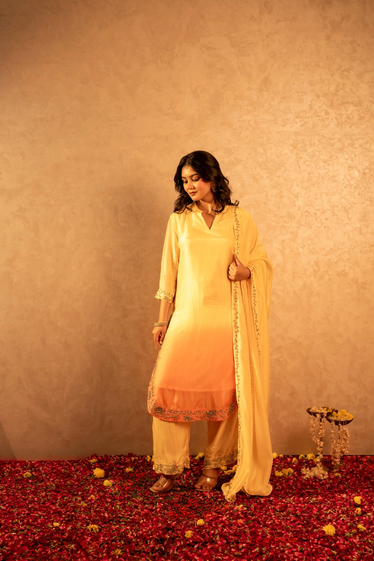 GOTTA BAZAR TWO TONE BASANT SILK TUBE BEAD WORK STRAIGHT SUIT SET