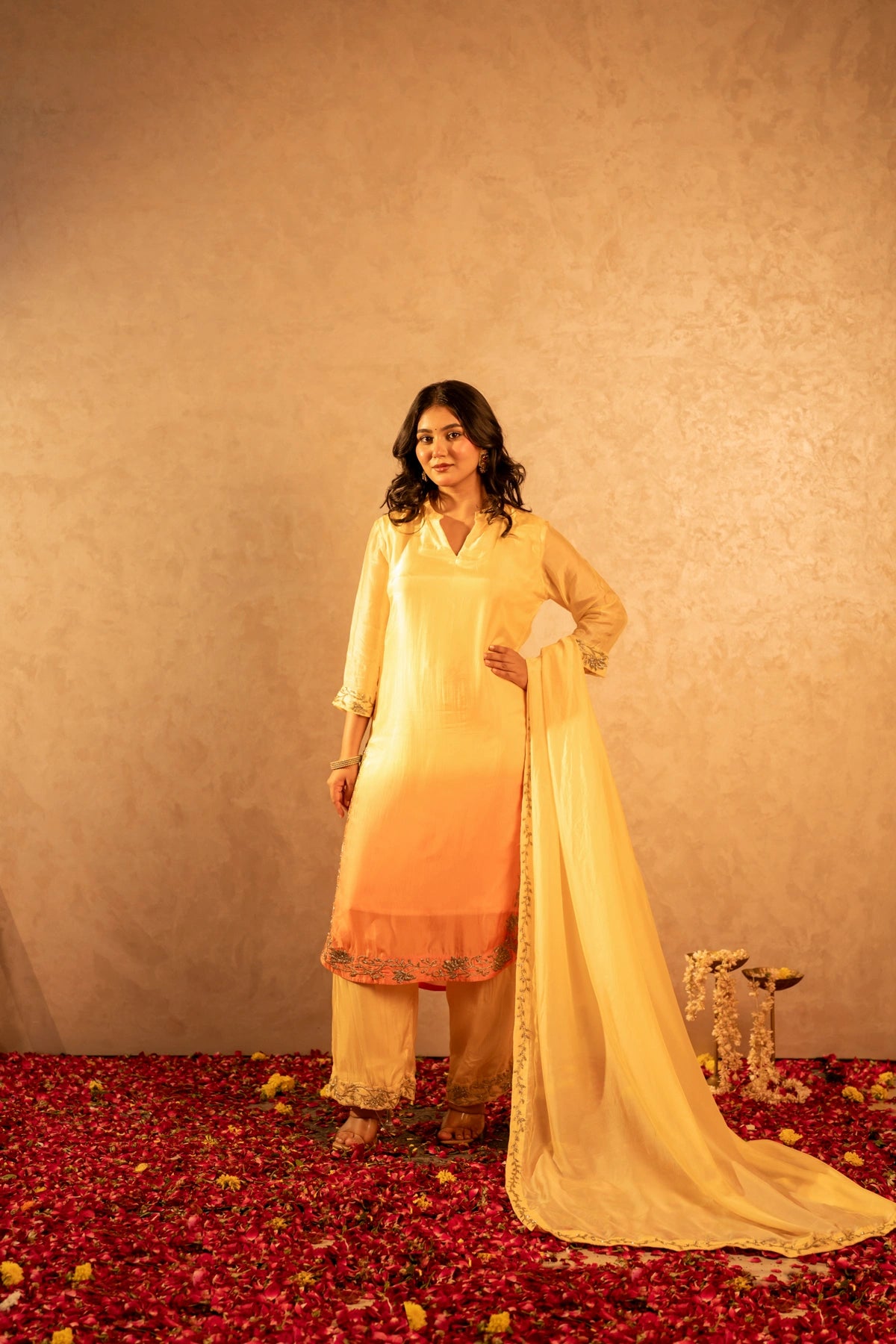 GOTTA BAZAR TWO TONE BASANT SILK TUBE BEAD WORK STRAIGHT SUIT SET
