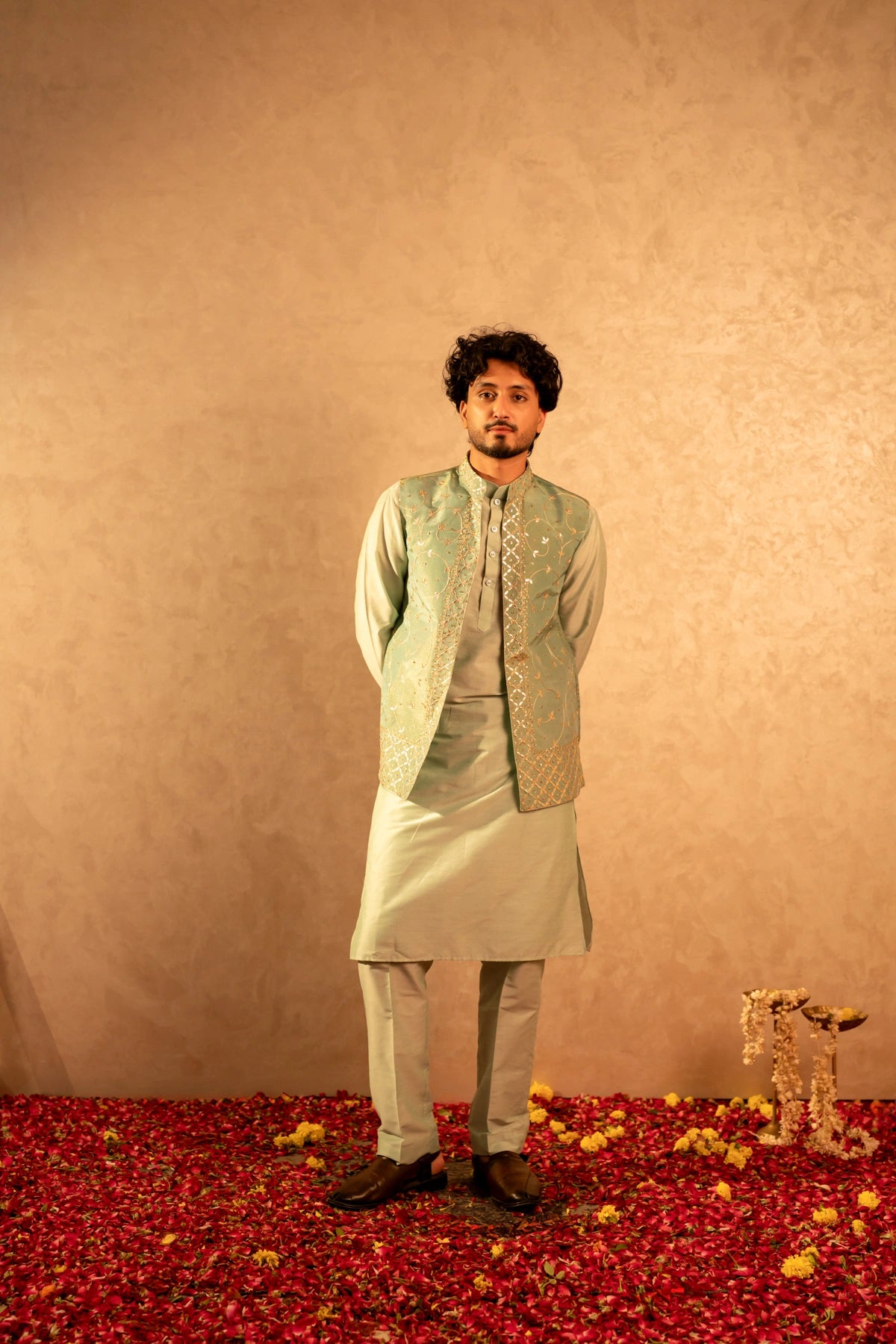 MEN'S LUXE PISTA SILK KURTA SET WITH ZARDOZI HAND WORK NEHRU JACKET