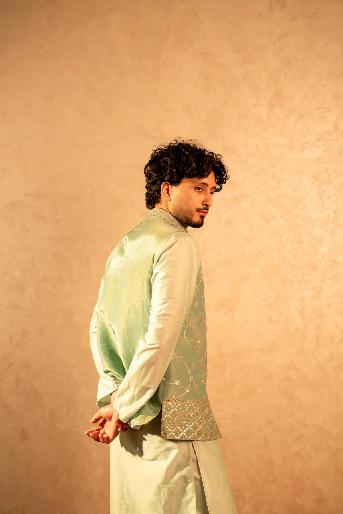 MEN'S LUXE PISTA SILK KURTA SET WITH ZARDOZI HAND WORK NEHRU JACKET