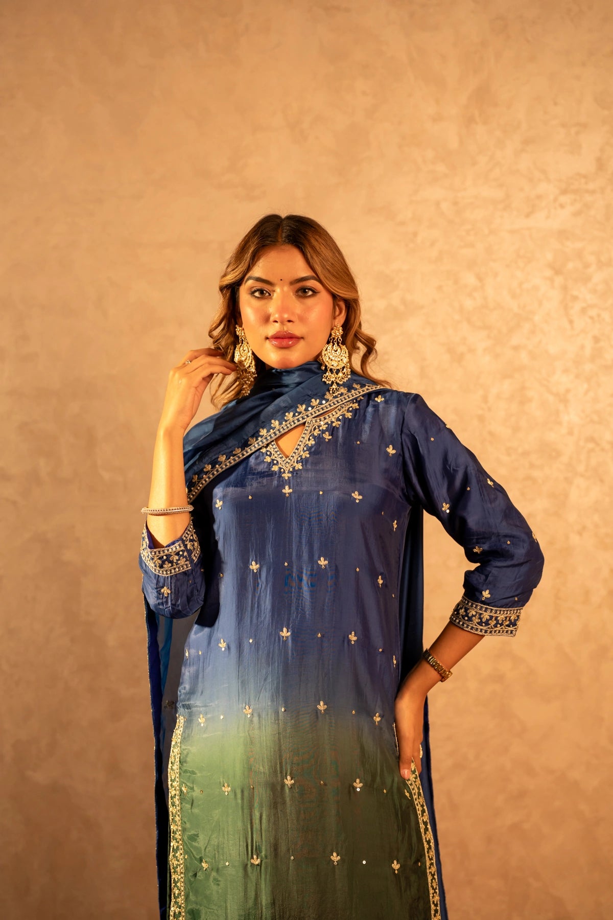 GOTTA BAZAR TWO TONE NEEL SILK AARI TAARI HAND WORK STRAIGHT SUIT SET