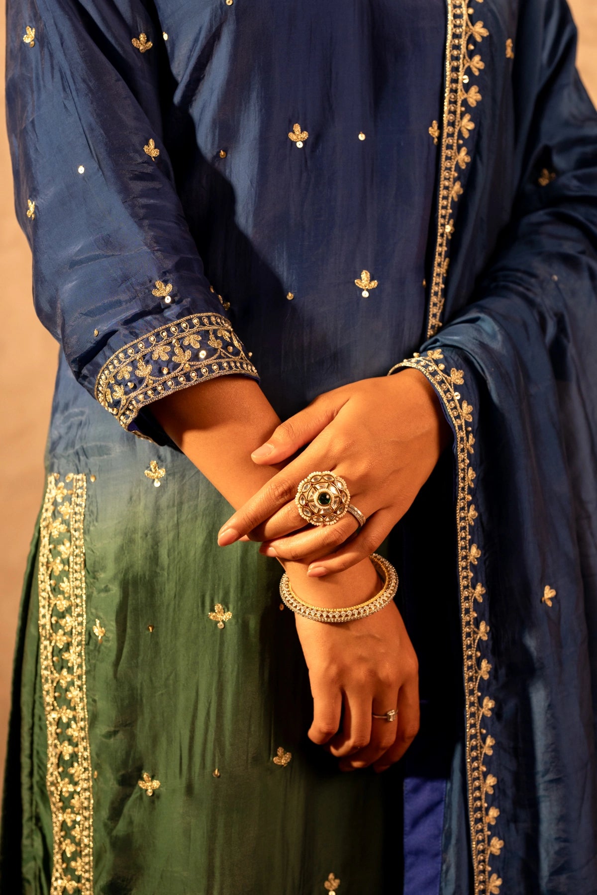 GOTTA BAZAR TWO TONE NEEL SILK AARI TAARI HAND WORK STRAIGHT SUIT SET