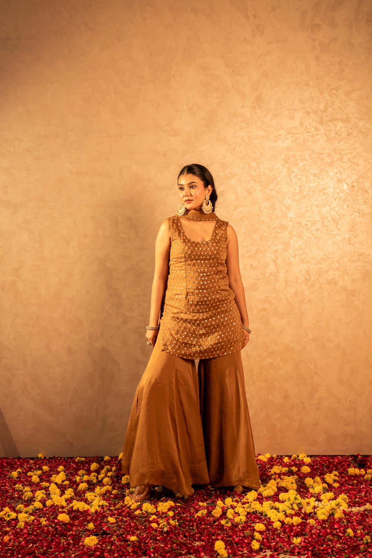 GOTTA BAZAR SONA BROWN ORGANZA TAARI HAND WORK SHARARA SET WITH DUPATTA
