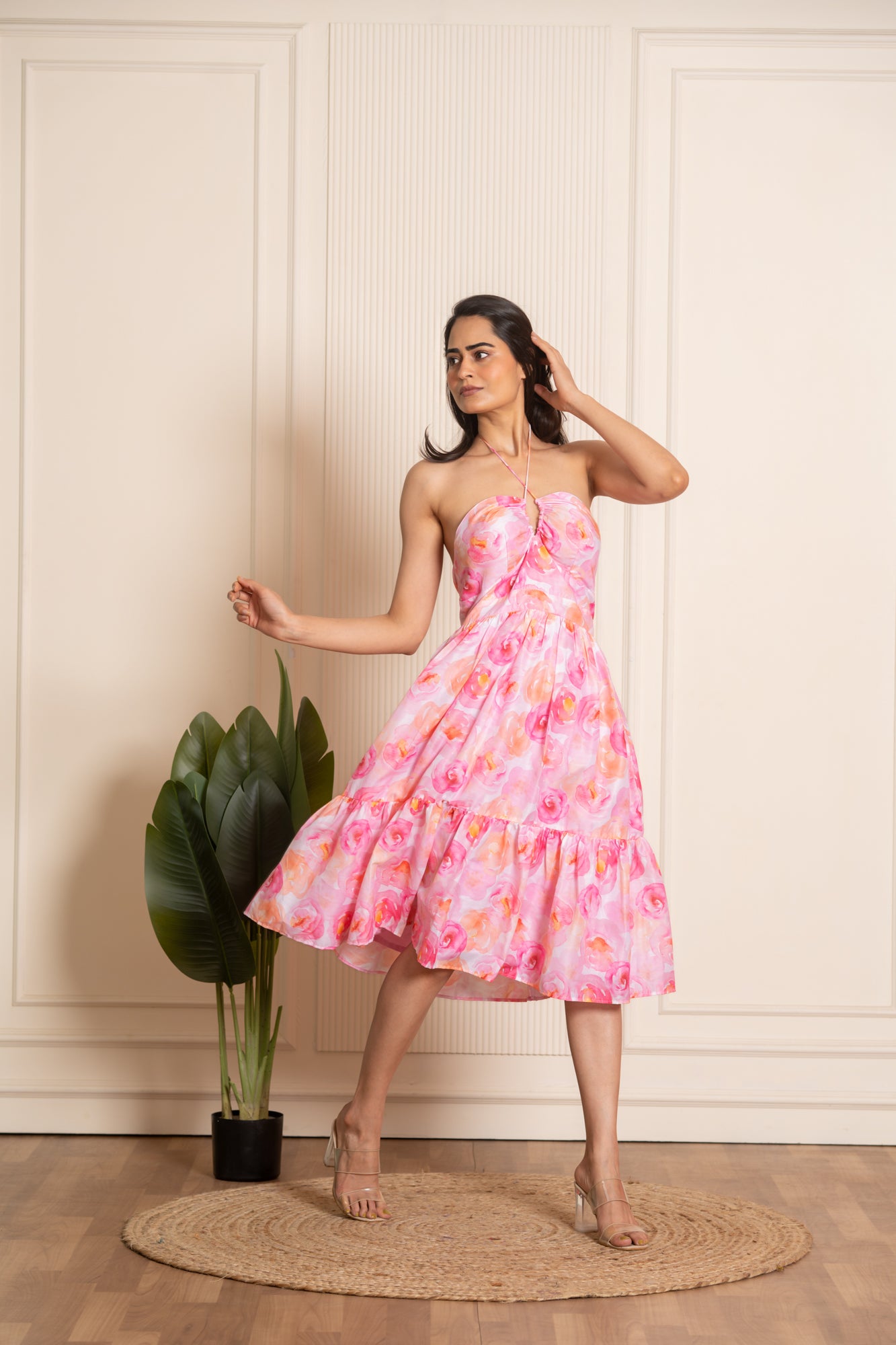 SUKOON ROSY PINK CREPE SUMMER TIERED DRESS