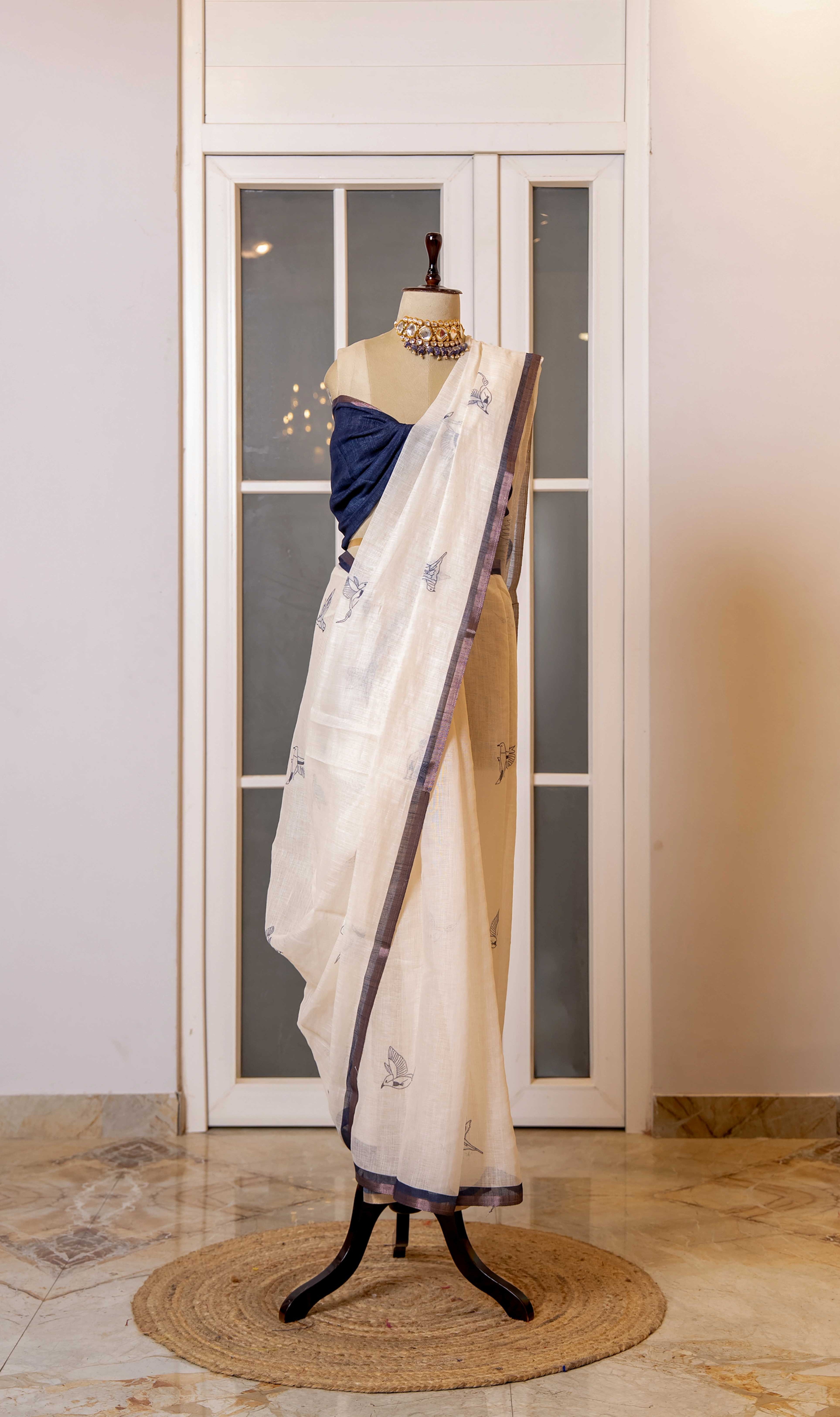 SOOT RAAG LINEN SAFED NEEL HAND BLOCK PRINT SAREE WITH BLOUSE PIECE