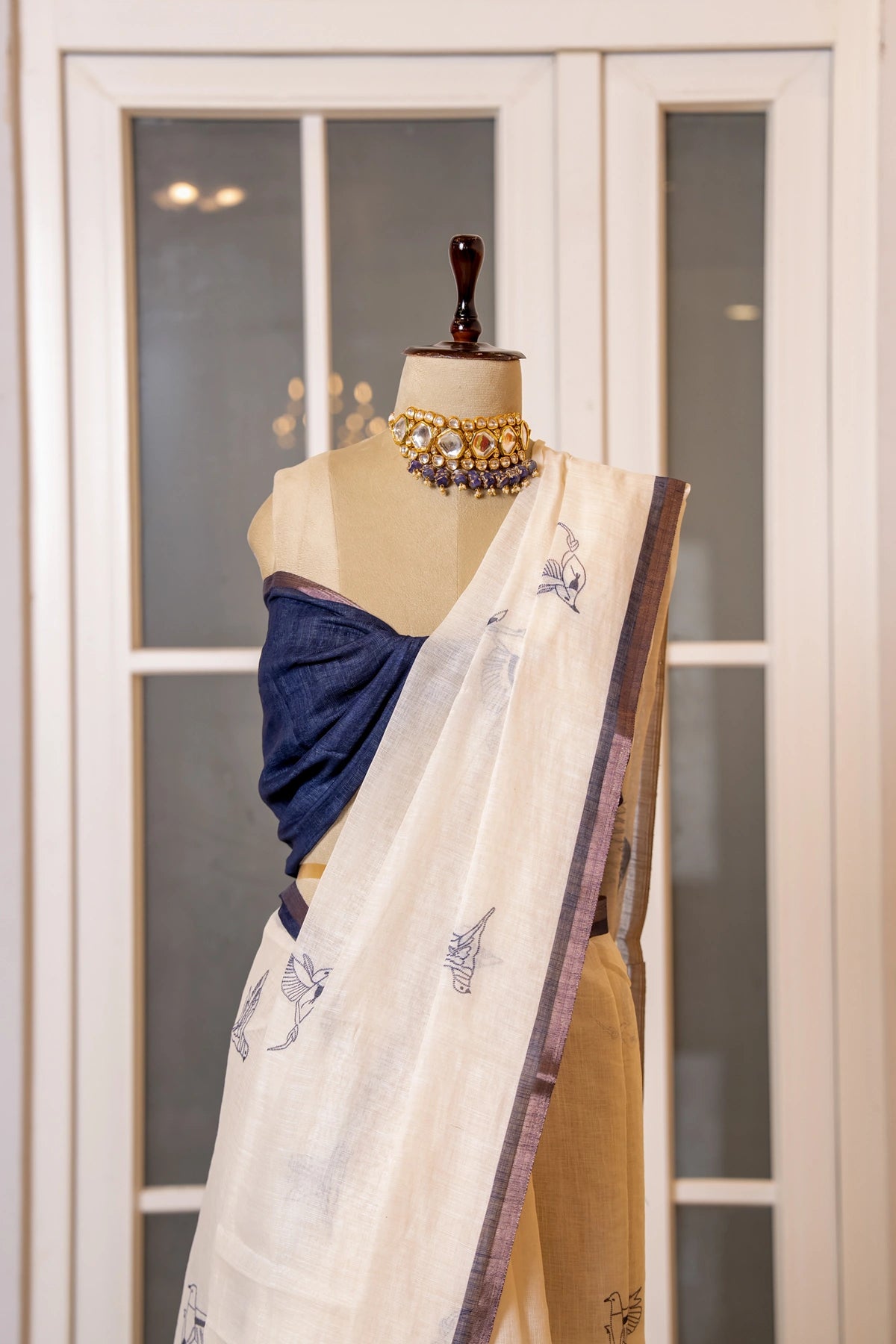 SOOT RAAG LINEN SAFED NEEL HAND BLOCK PRINT SAREE WITH BLOUSE PIECE