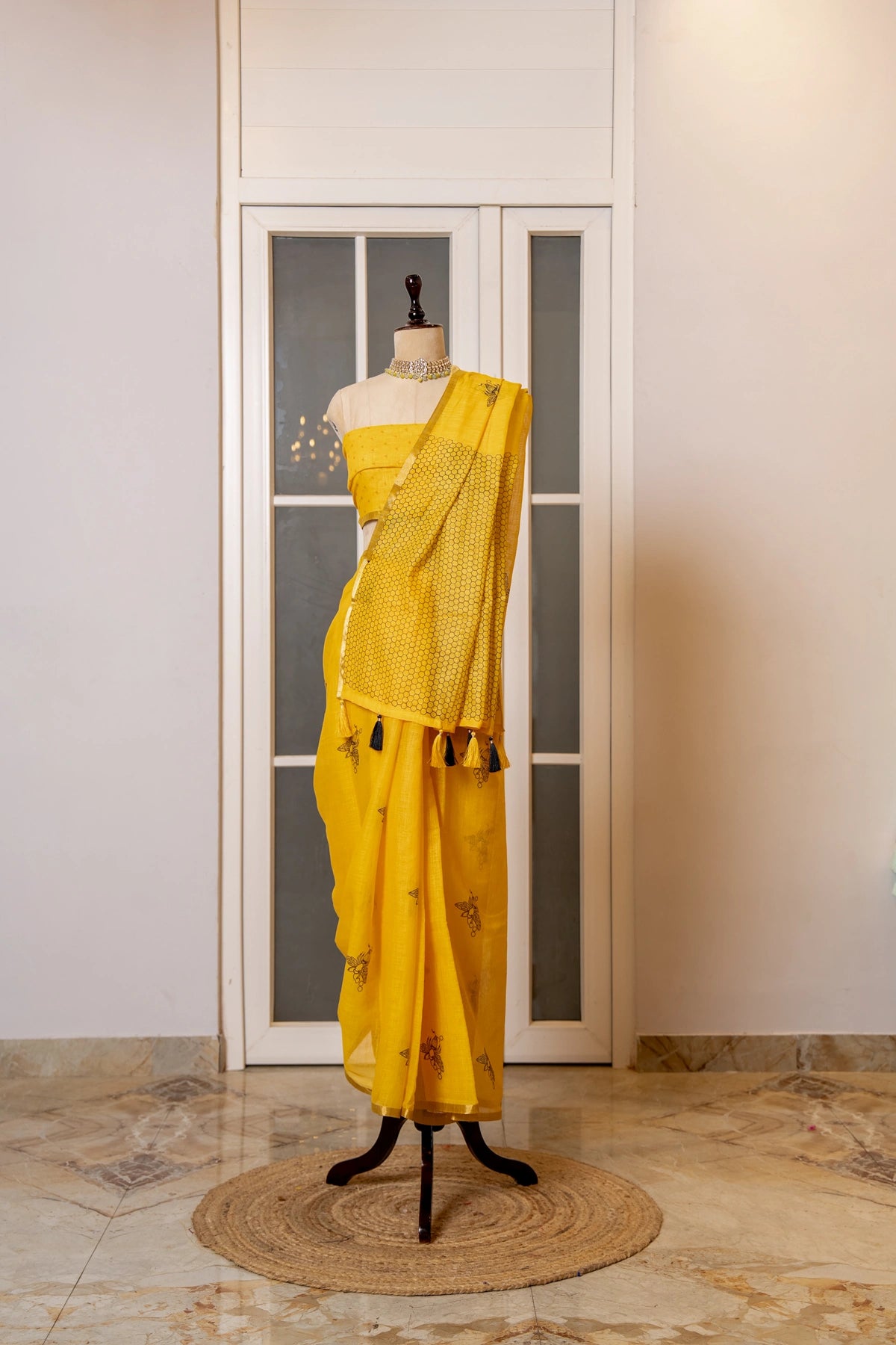 SOOT RAAG YELLOW COTTON HAND BLOCK PRINT SAREE WITH BLOUSE PIECE