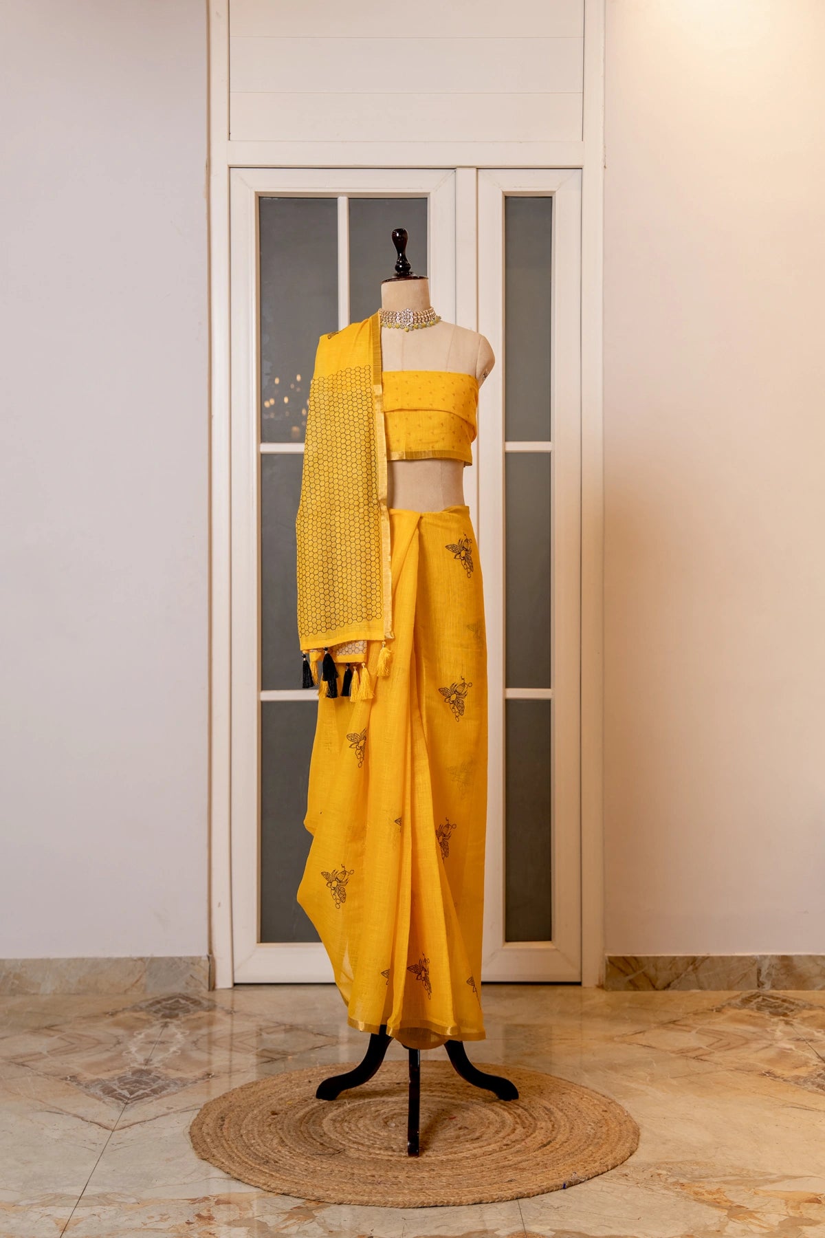 SOOT RAAG YELLOW COTTON HAND BLOCK PRINT SAREE WITH BLOUSE PIECE