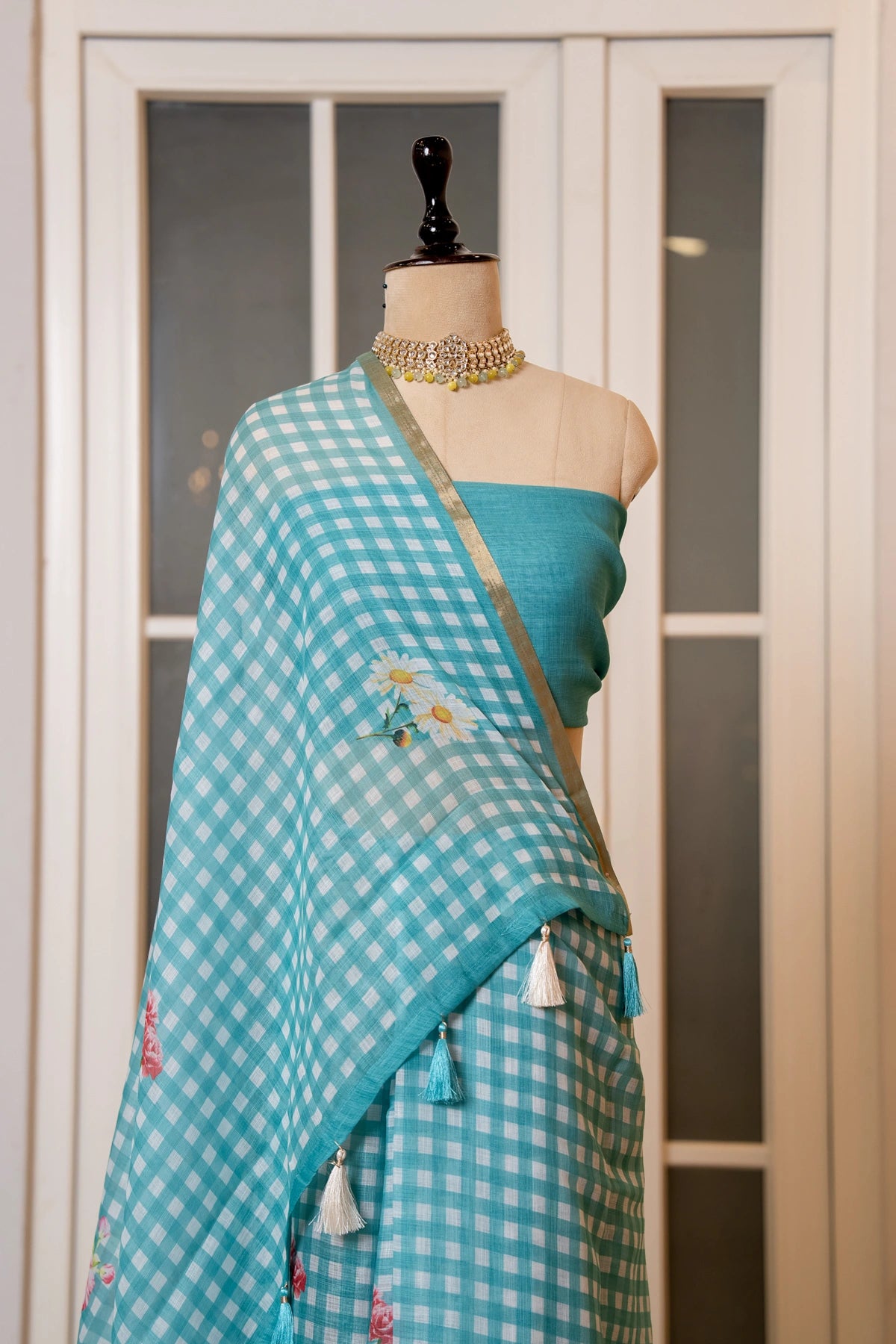 SOOT RAAG BLUE CHECKERED LINEN SAREE WITH BLOUSE PIECE