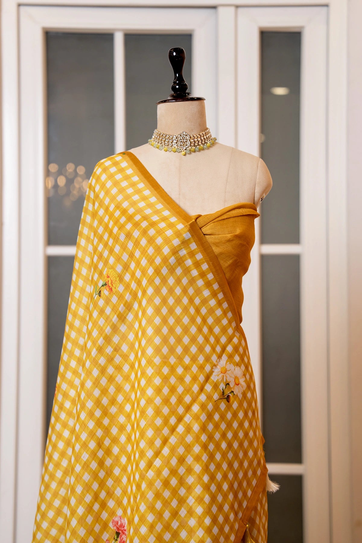 SOOT RAAG YELLOW LINEN CHECKERED SAREE WITH BLOUSE PIECE