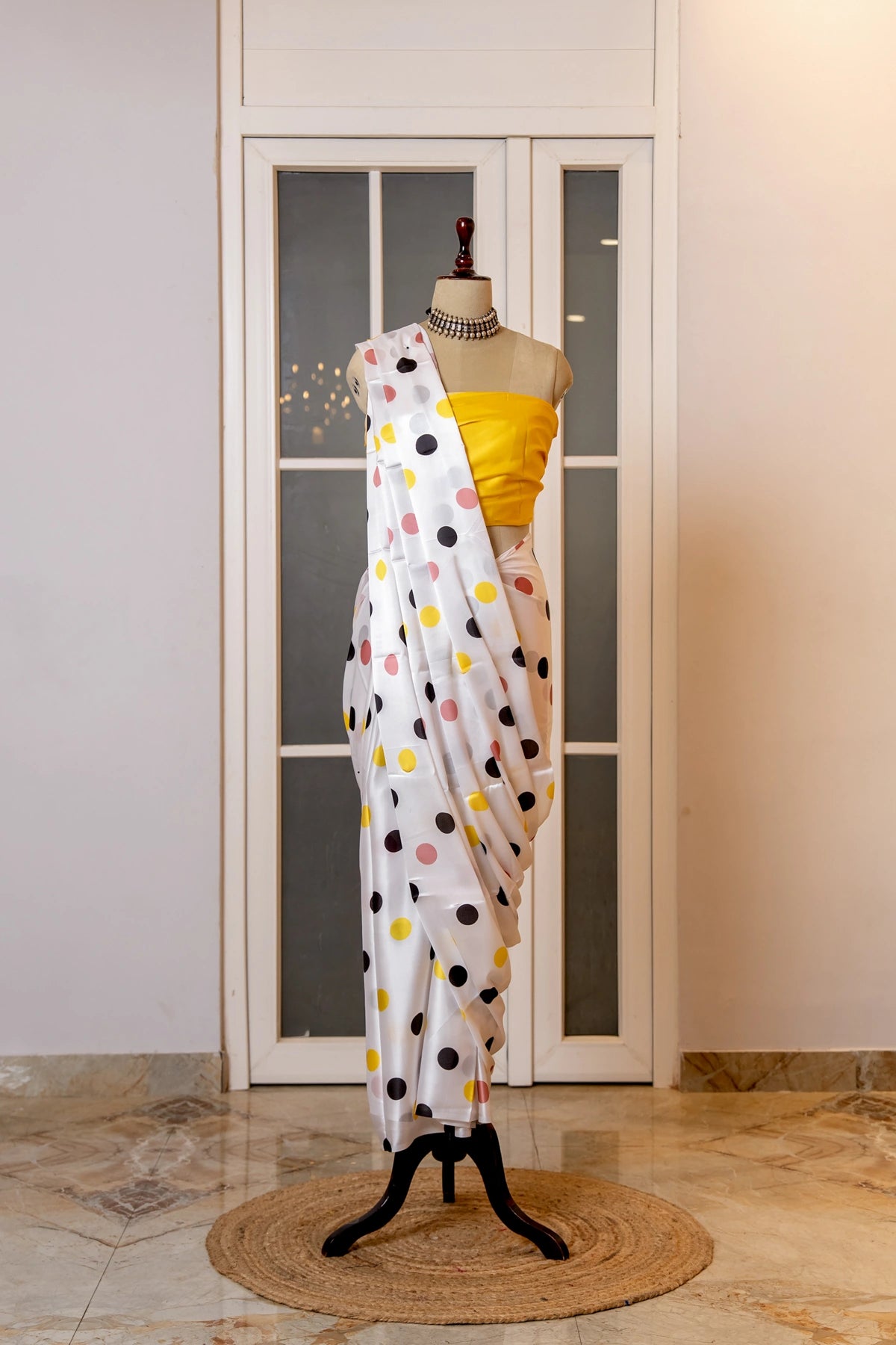 SOOT RAAG PEELA POLKA DOT SATIN SILK SAREE WITH BLOUSE PIECE