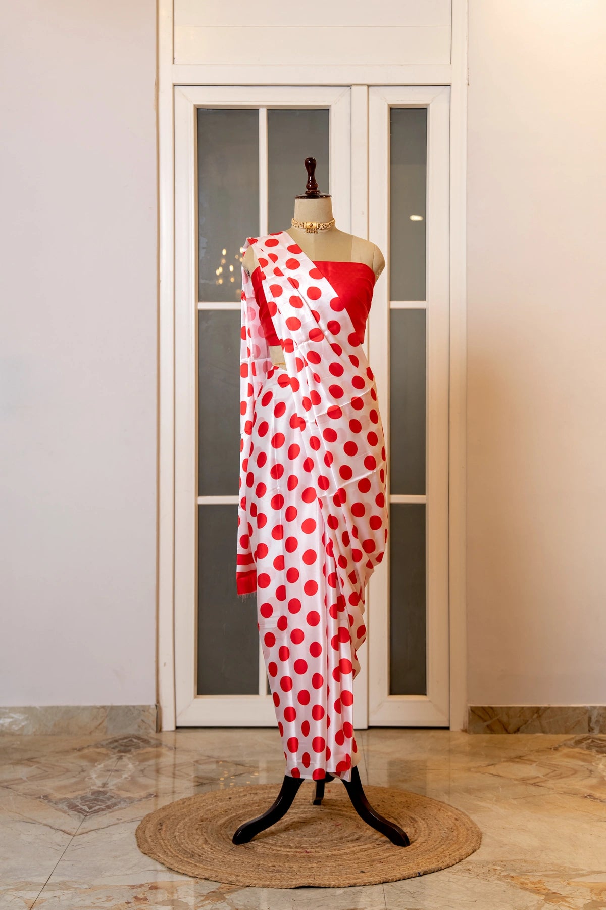 SOOT RAAG RED POLKA DOT SATIN SILK SAREE WITH BLOUSE PIECE