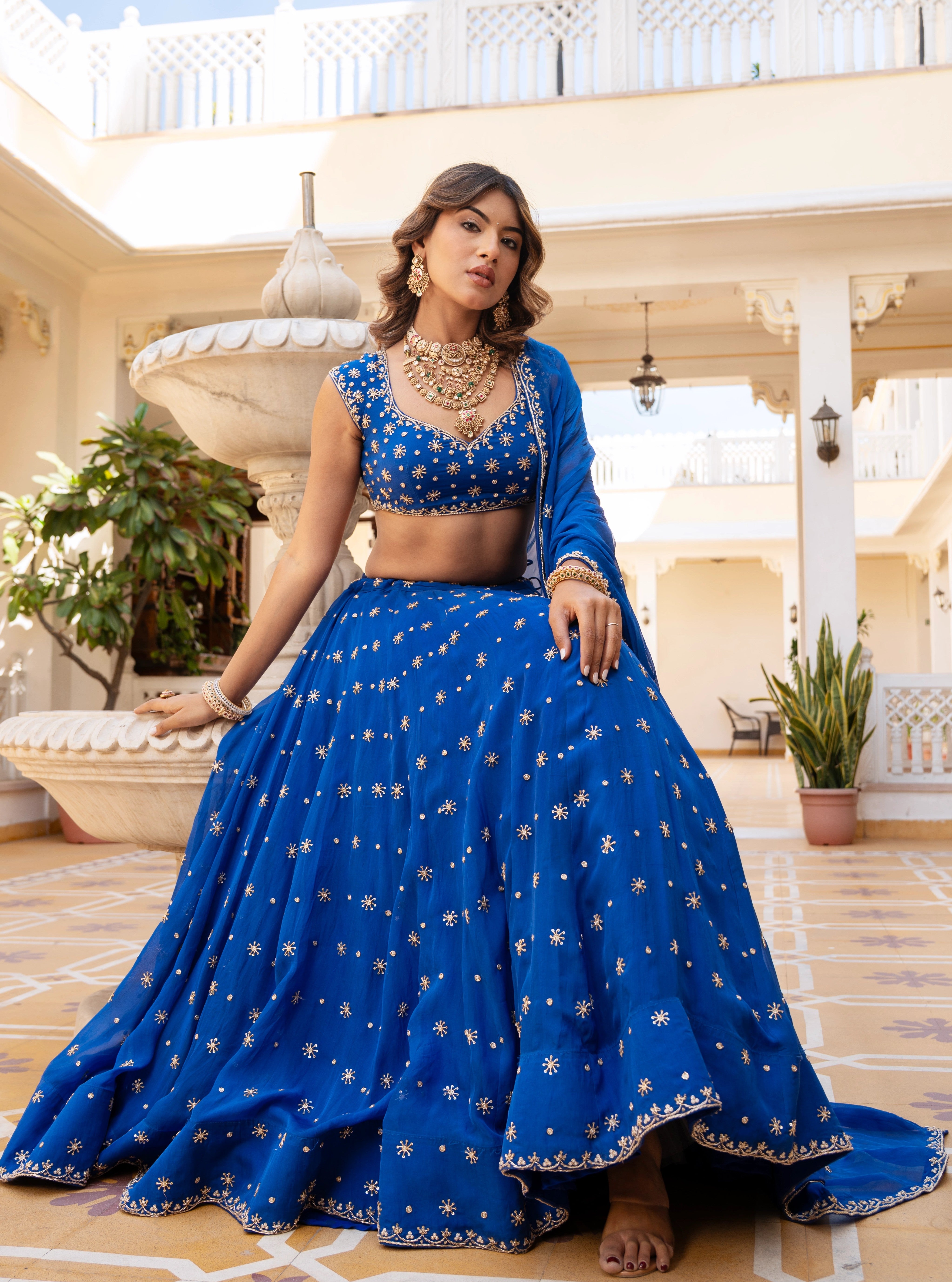 MEHFIL SURMAI NEEL ZARI DABKA HAND WORK ORGANZA LEHENGA SET WITH DUPATTA