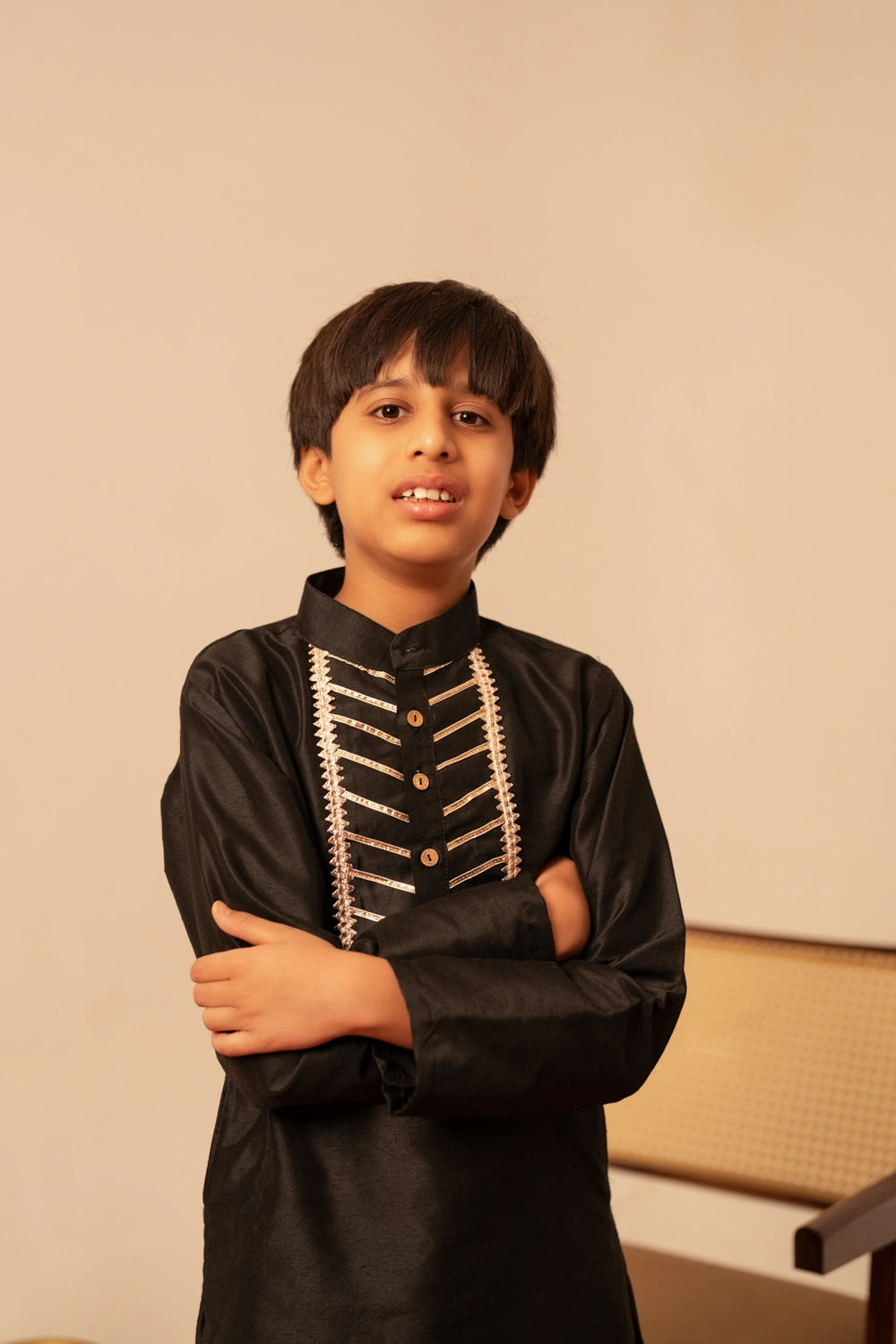 KHILKARI BLACK COTTON SILK KURTA SET