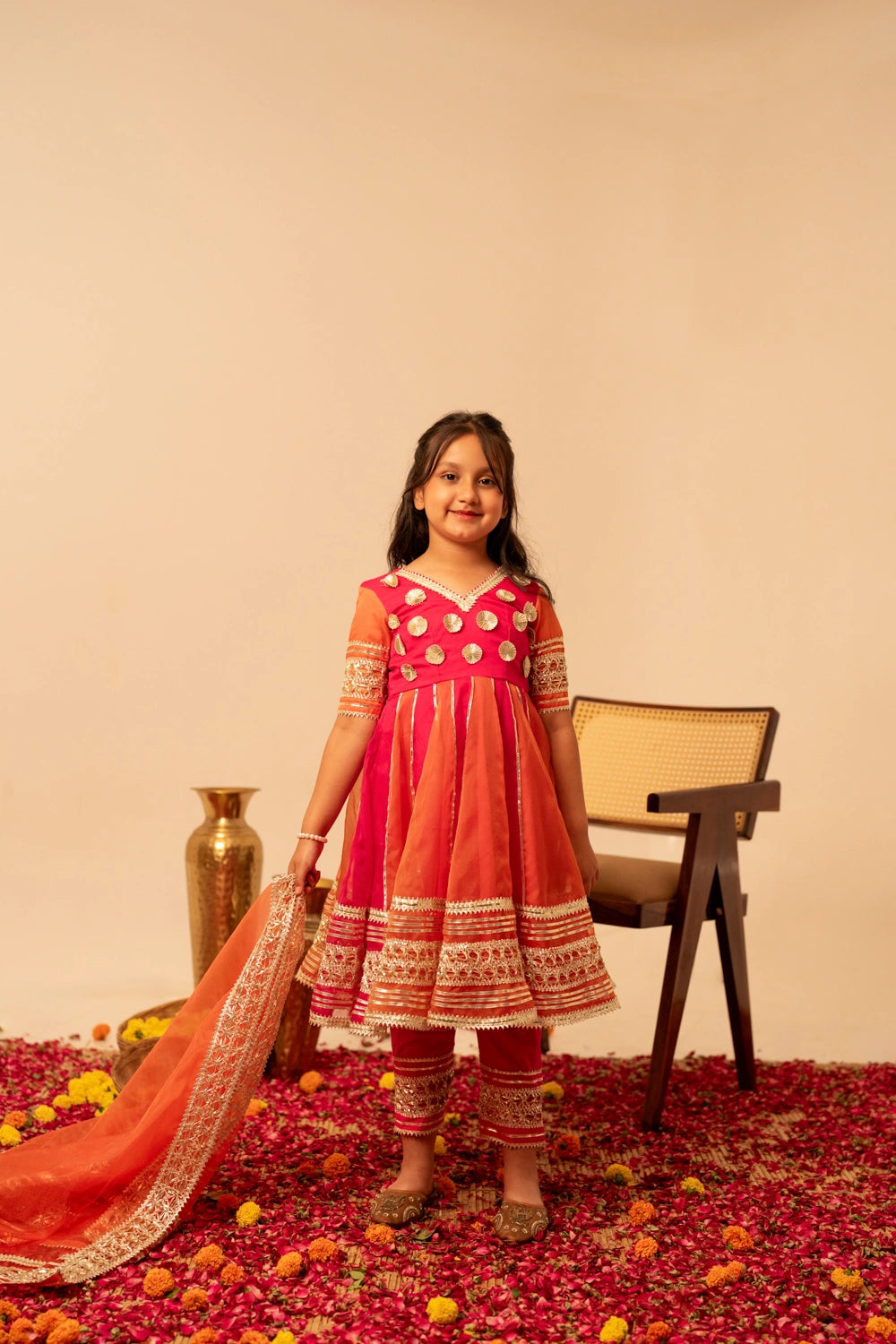 ORANGE PINK SOFT ORGANZA GOTA PATTI FAMILY OUTFIT COMBO