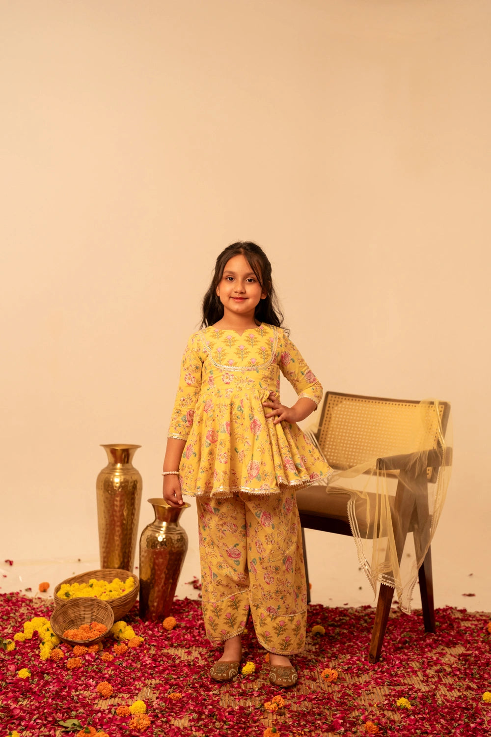 YELLOW COTTON HAND BLOCK PRINT FAMILY OUTFIT COMBO SETS