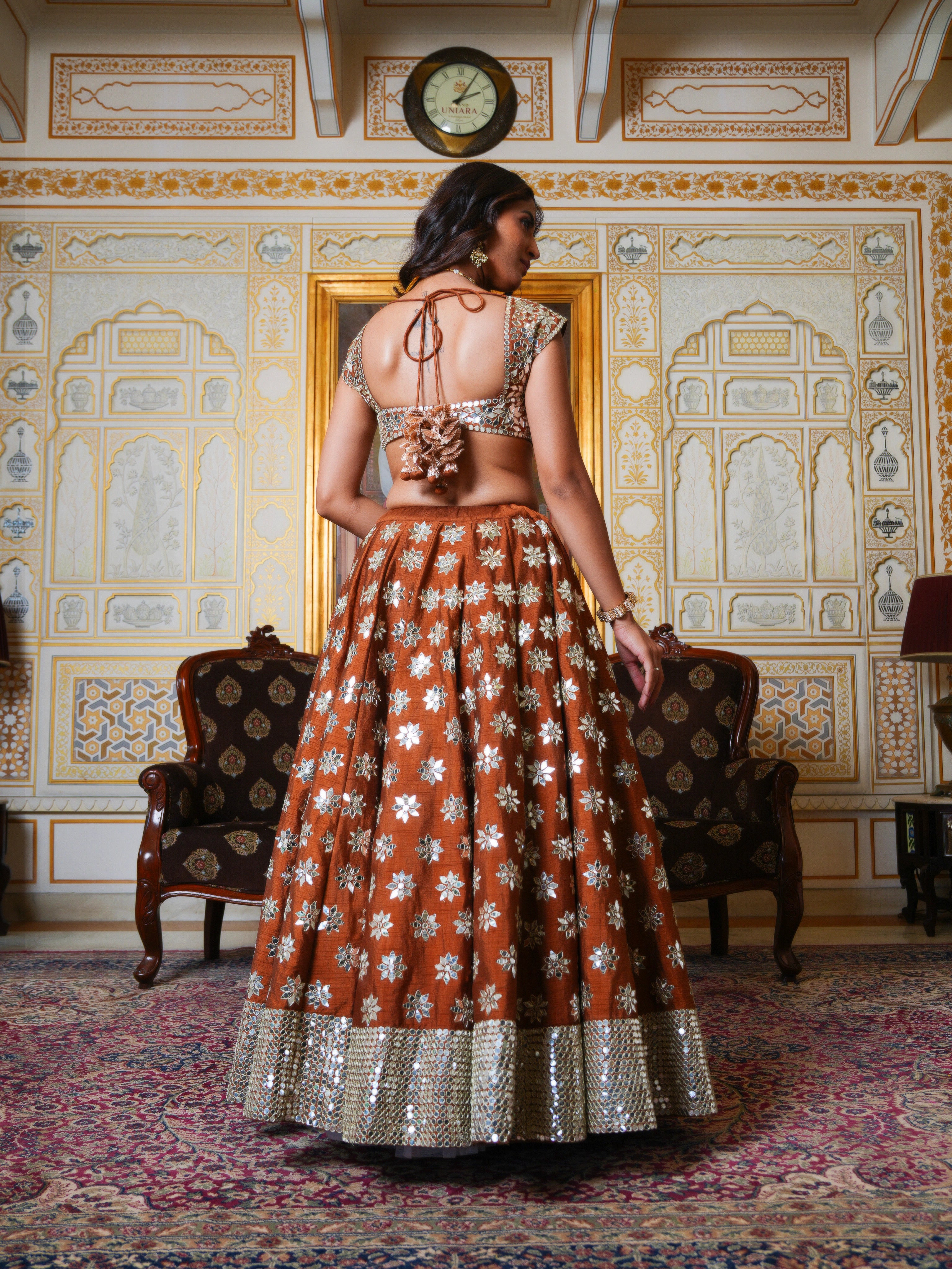 MEHFIL SUNEHRI SHISHA HAND WORK LEHENGA SET WITH ORGANZA DUPATTA