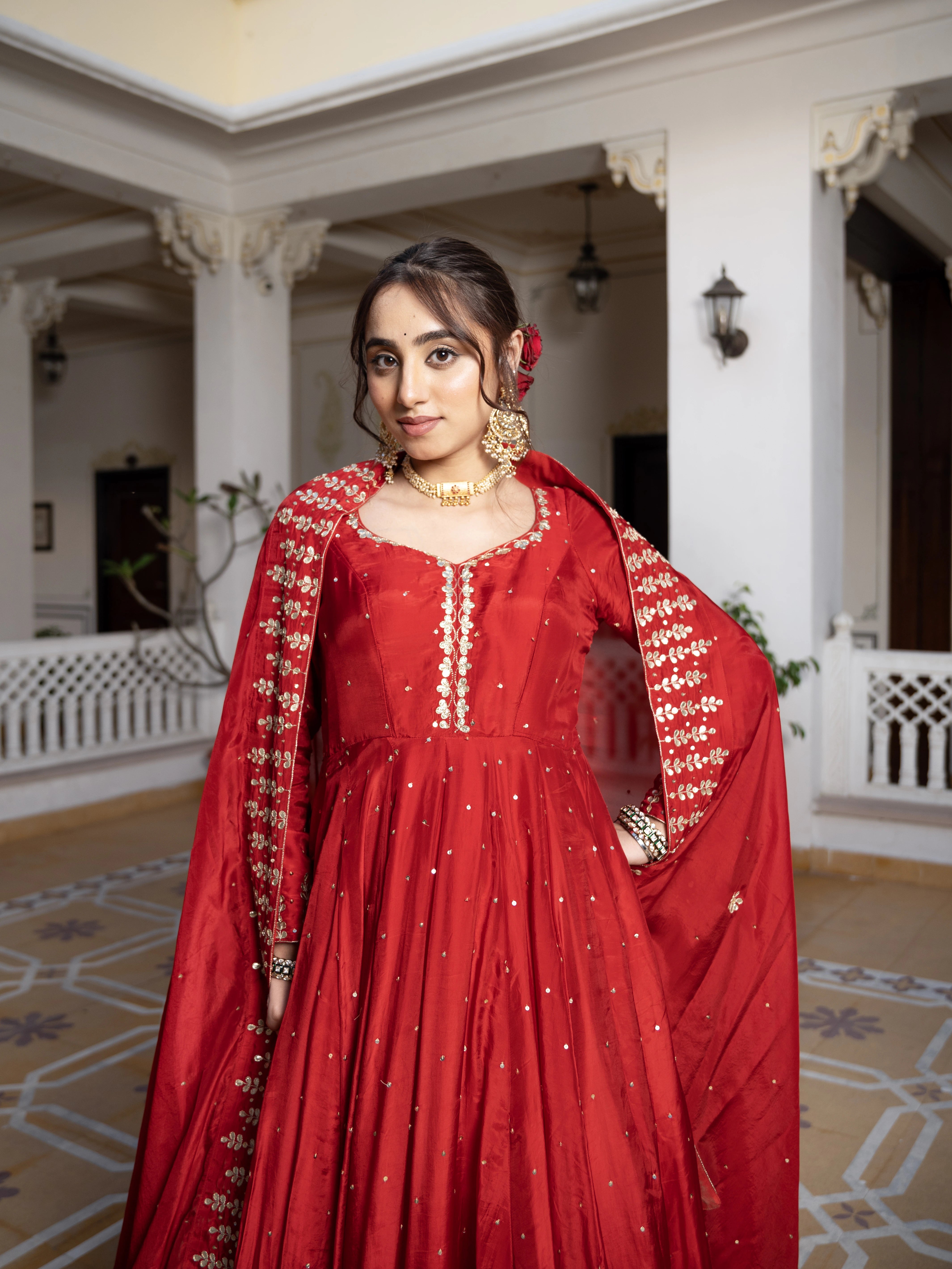 MEHFIL SURKH E LAAL SILK GOTA PATTI HAND WORK ANARKALI SUIT SET WITH SILK DUPATTA