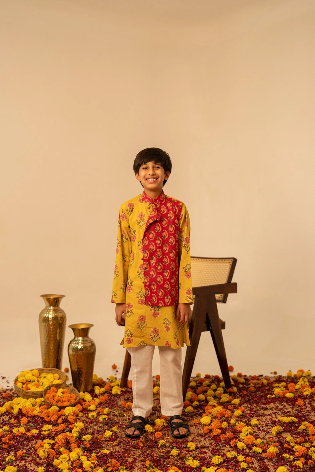 RED AND YELLOW COTTON GOTA PATTI FAMILY OUTFIT COMBO