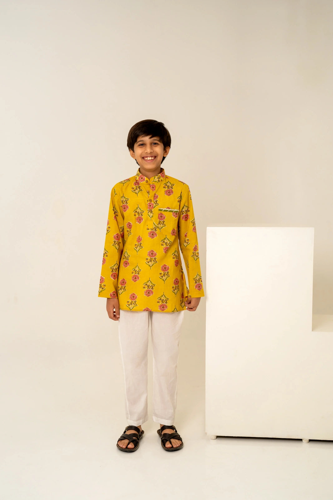 YELLOW HAND BLOCK PRINT COTTON FAMILY OUTFIT COMBO