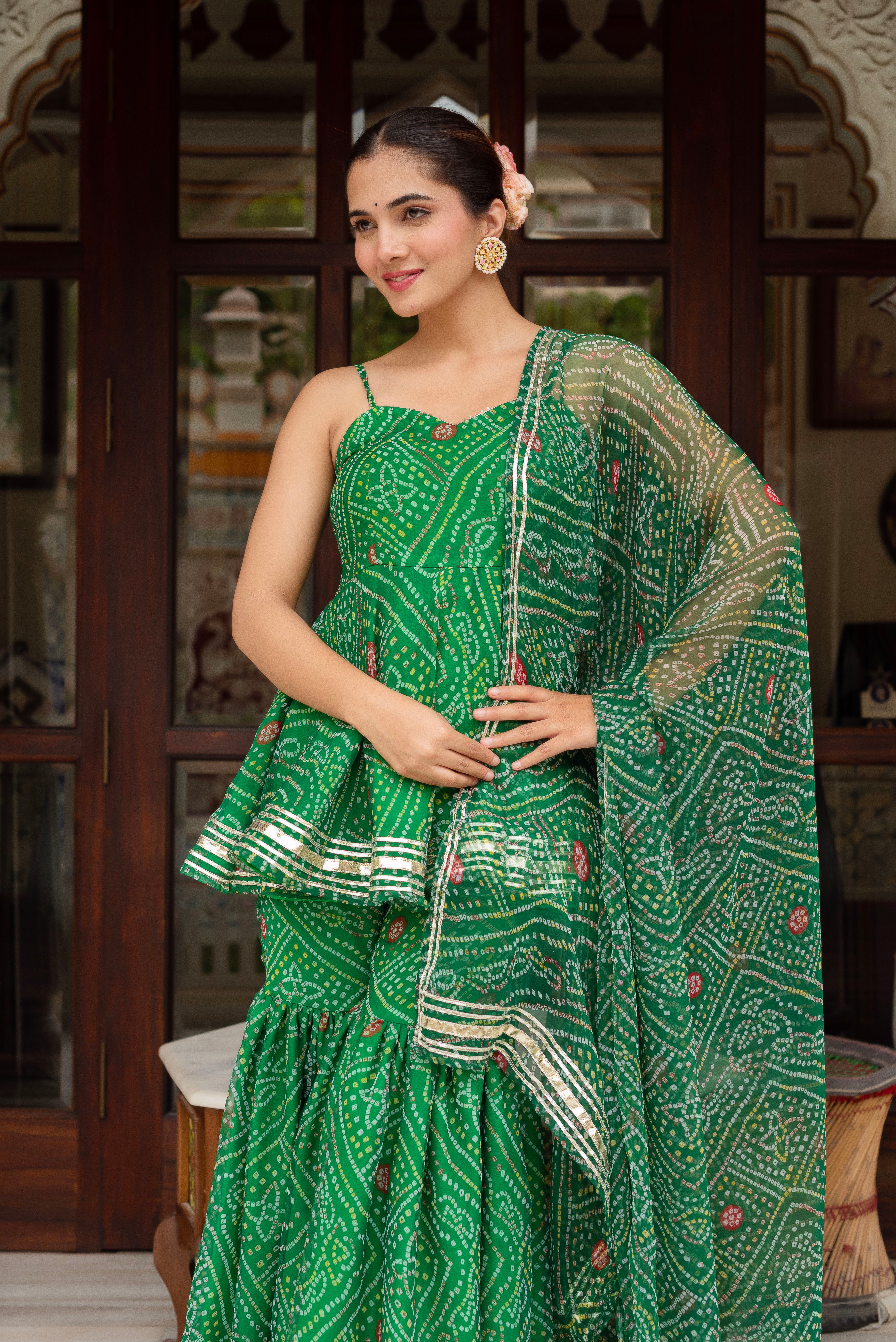 GULABI GALIYAN GREEN GEORGETTE BANDHEJ SHARARA SET WITH GEORGETTE DUPATTA