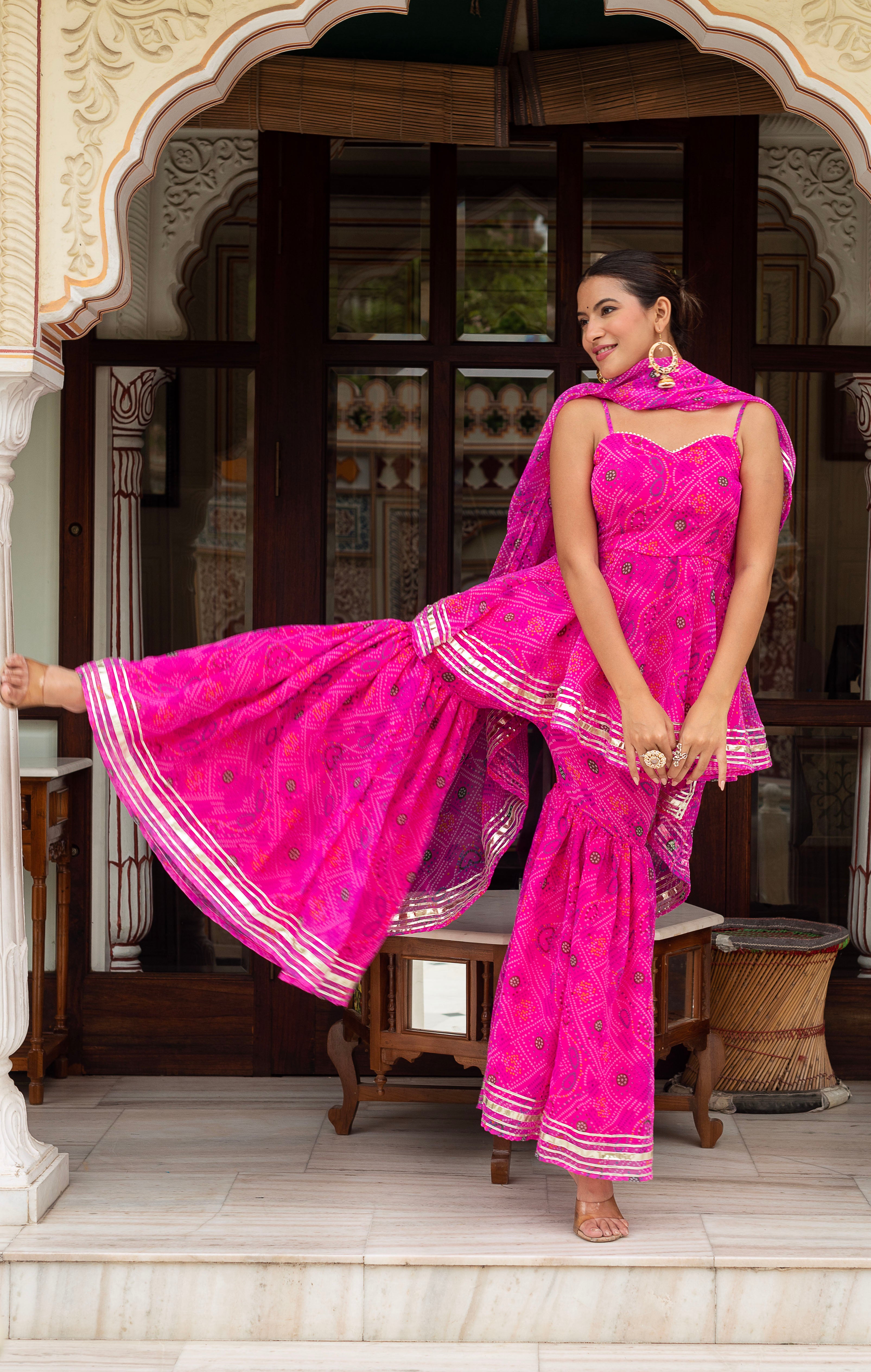 GULABI GALIYAN PINK BANDHEJ GEORGETTE SHARARA SET WITH GORGETTE DUPATTA