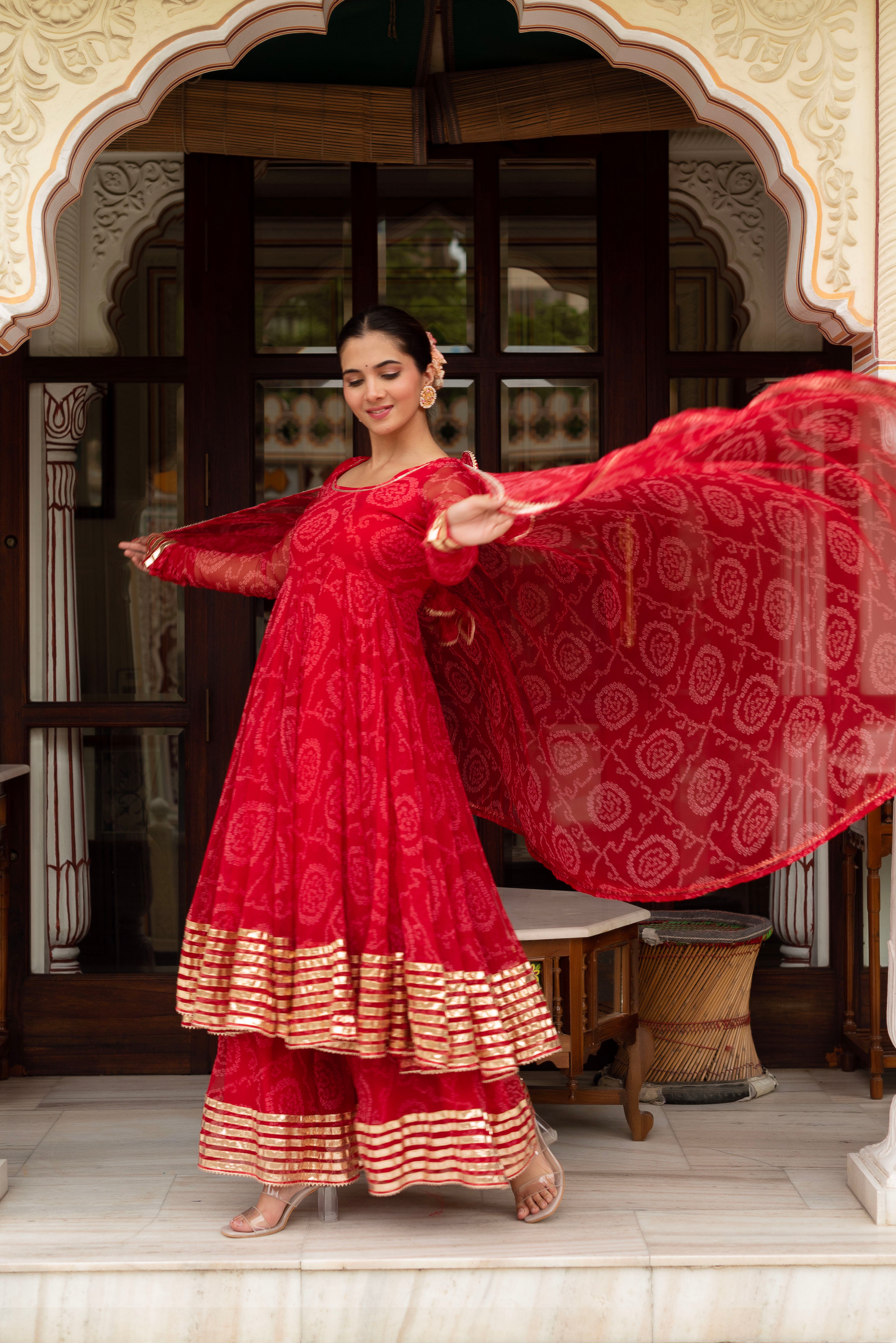 GULABI GALIYAN RED BANDHEJ GEORGETTE GOTA PATTI ANARKALI SET WITH GEORGETTE DUPATTA