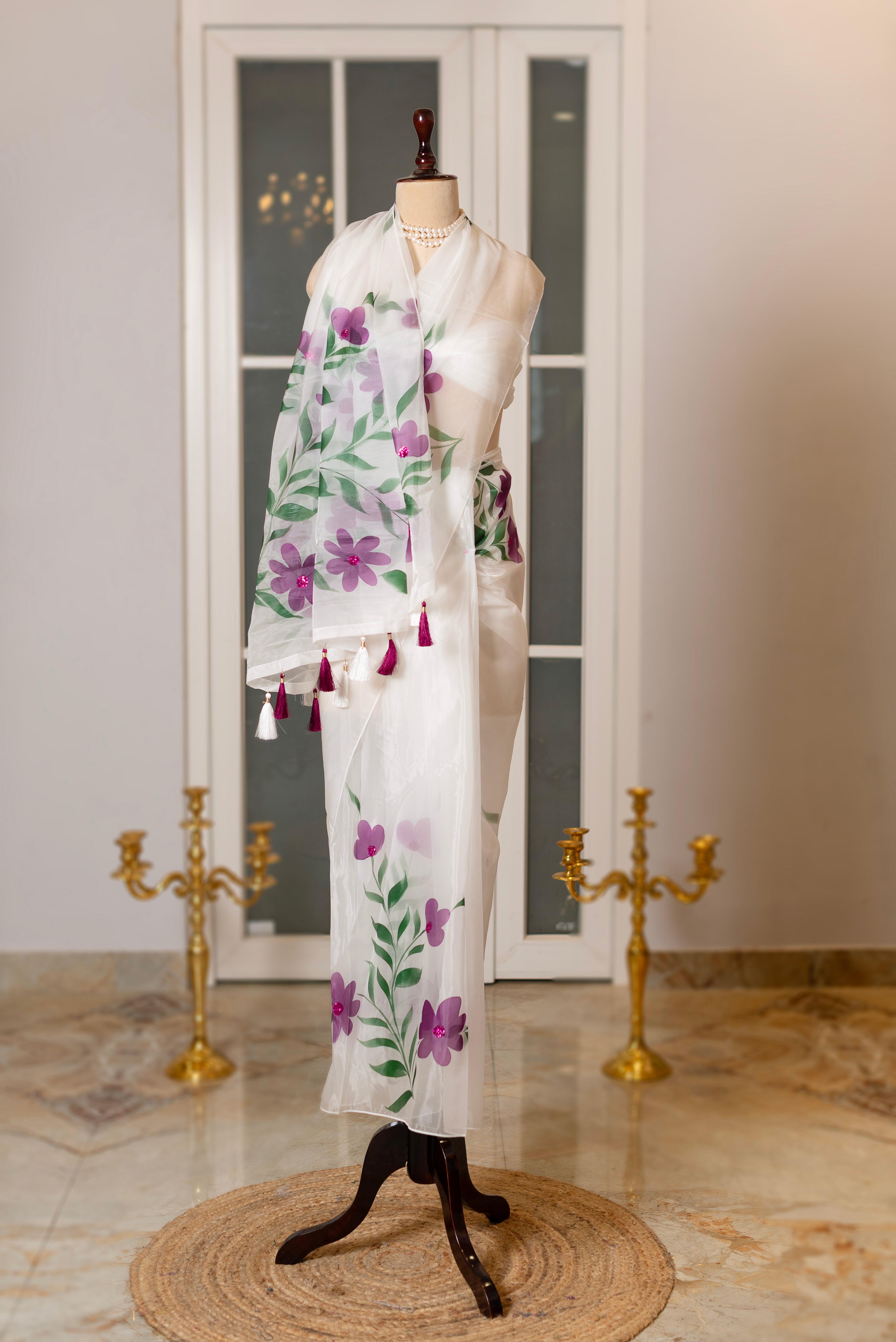SOOT RAAG SAFED ORGANZA PURPLE FLORAL PRINT SAREE WITH ORGANZA BLOUSE PIECE