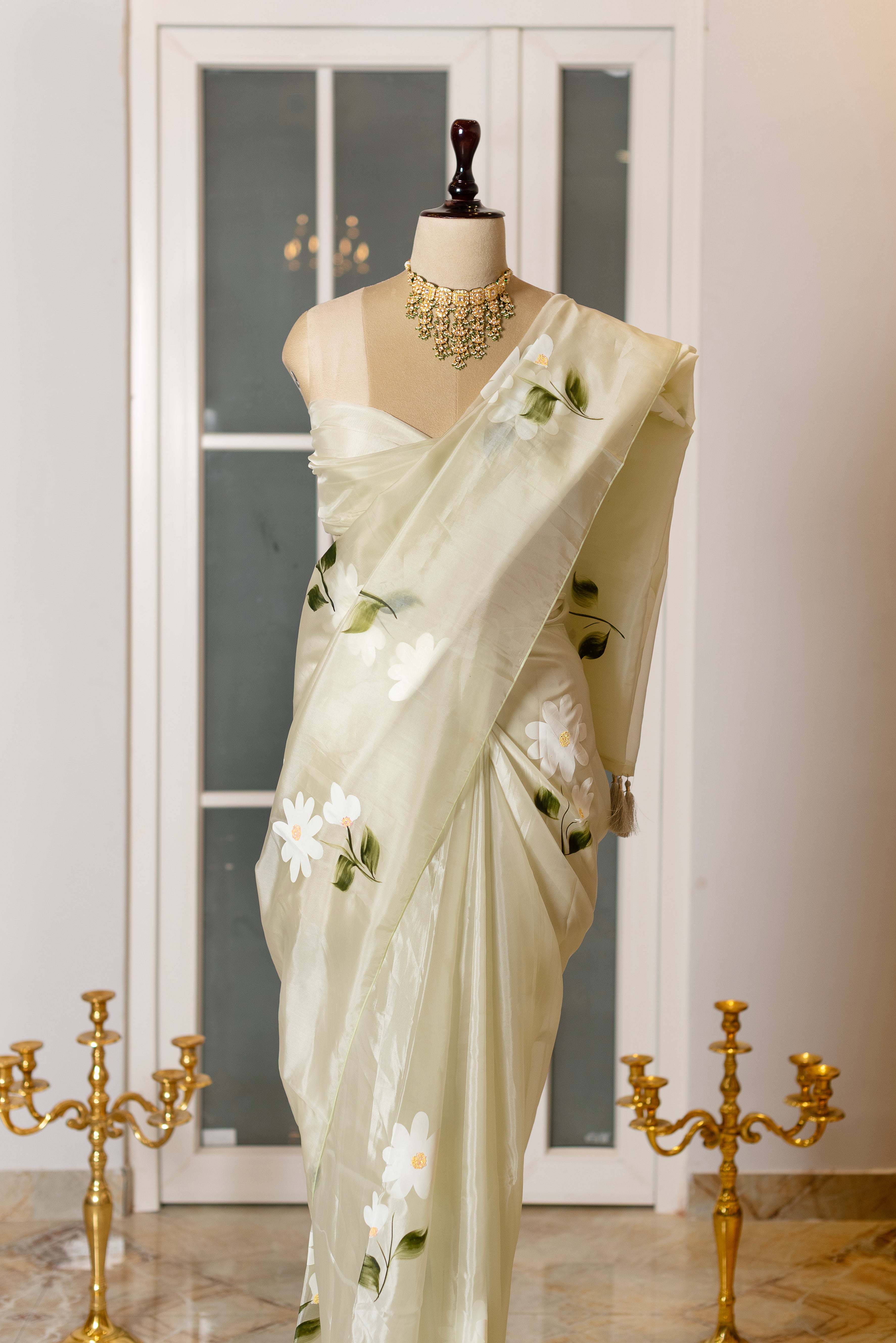 SOOT RAAG PISTAL GREEN ORGANZA FLORAL PAINTED SAREE WITH BLOUSE PIECE