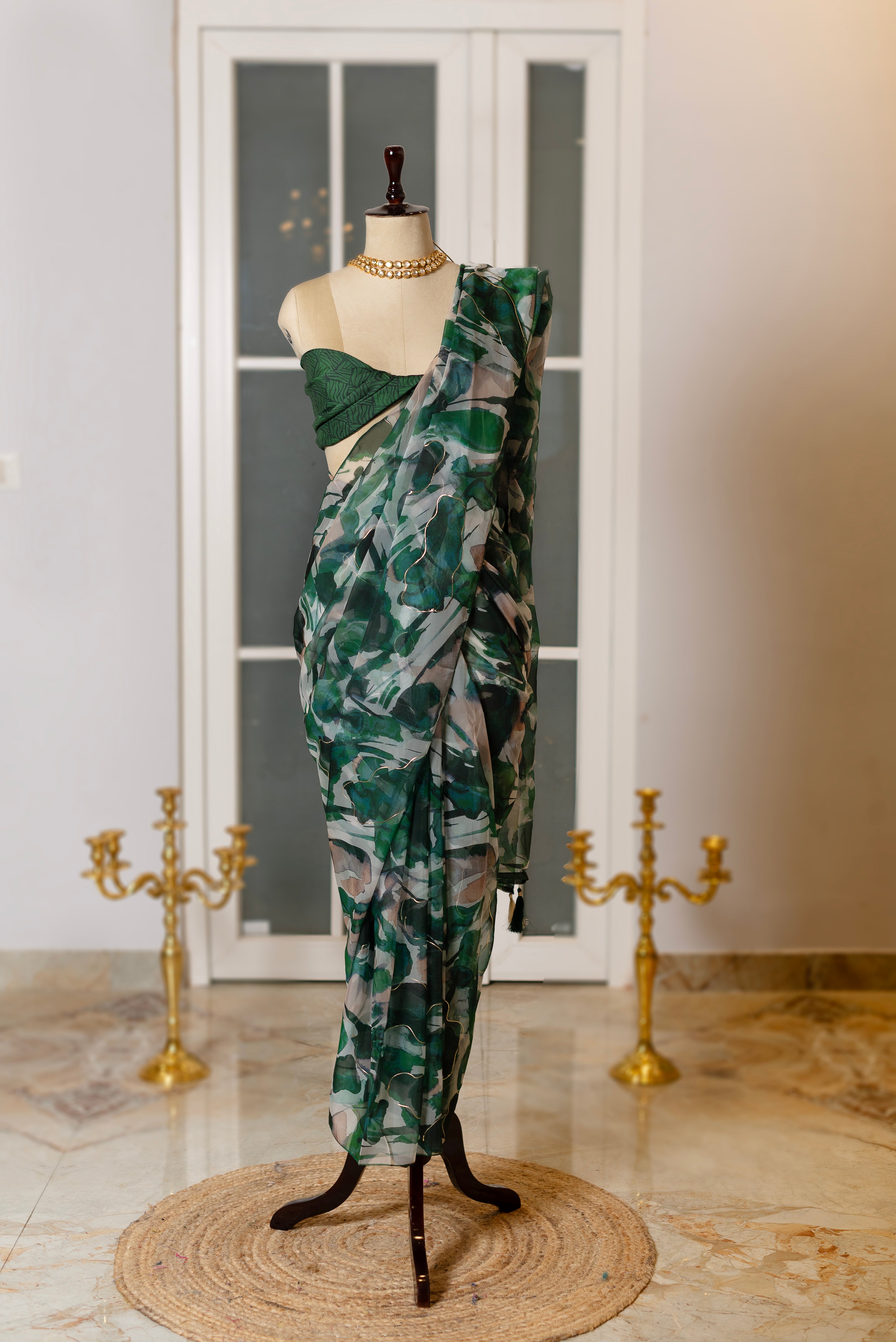 SOOT RAAG FLOREST FLOW GREEN ORGANZA SAREE WITH CREPE GEORGETTE BLOUSE PIECE