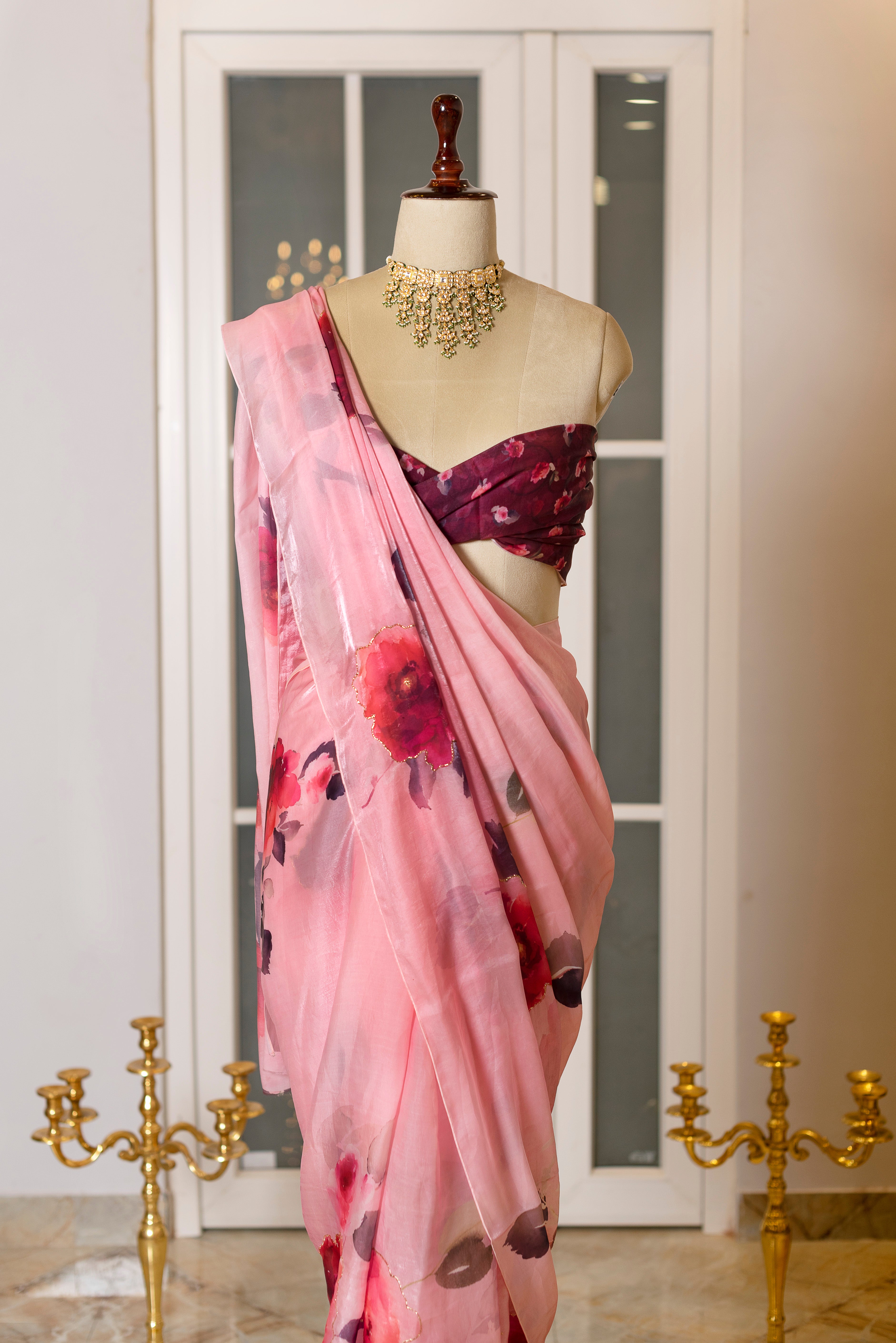 SOOT RAAG BLUSH PINK FLORAL PRINT SATIN SILK SAREE BLOUSE PIECE