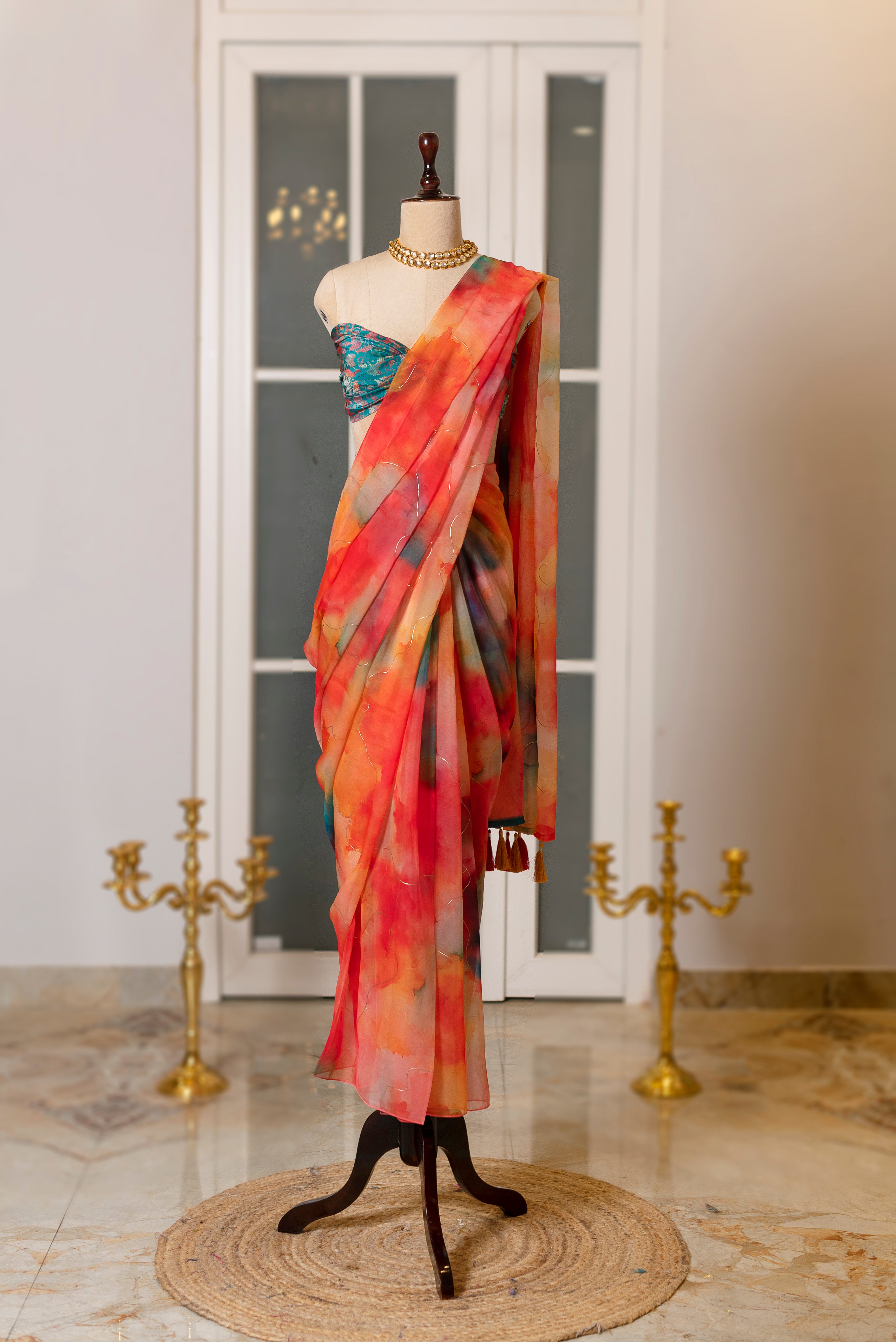 SOOT RAAG CRIMSON ORANGE FLAME ORGANZA SAREE WITH BLUE ORGANZA BLOUSE PIECE