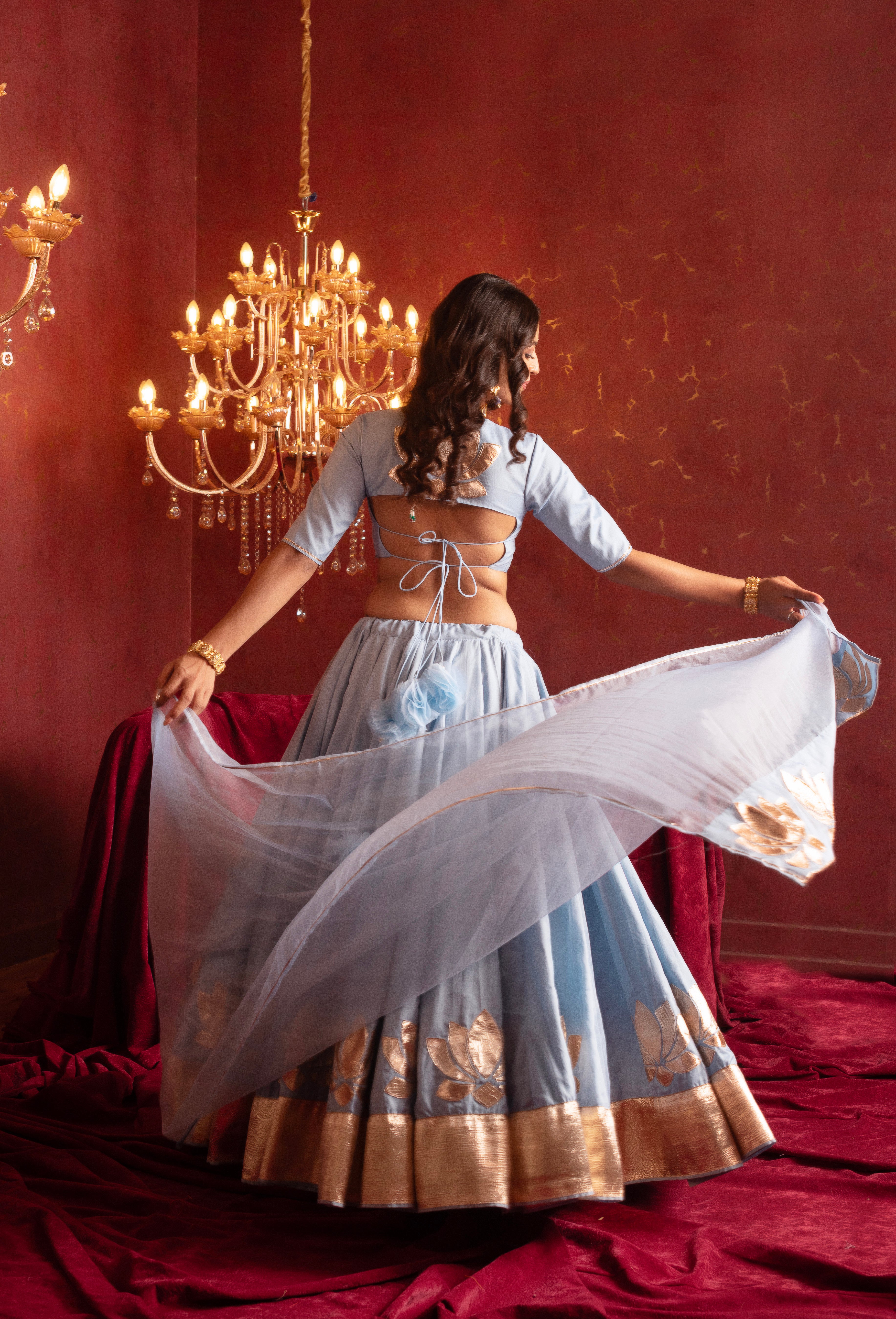 GULFIZAN POWDER BLUE GOTA PATTI PHOOL ORGANZA LEHENGA WITH ORGANZA DUPATTA